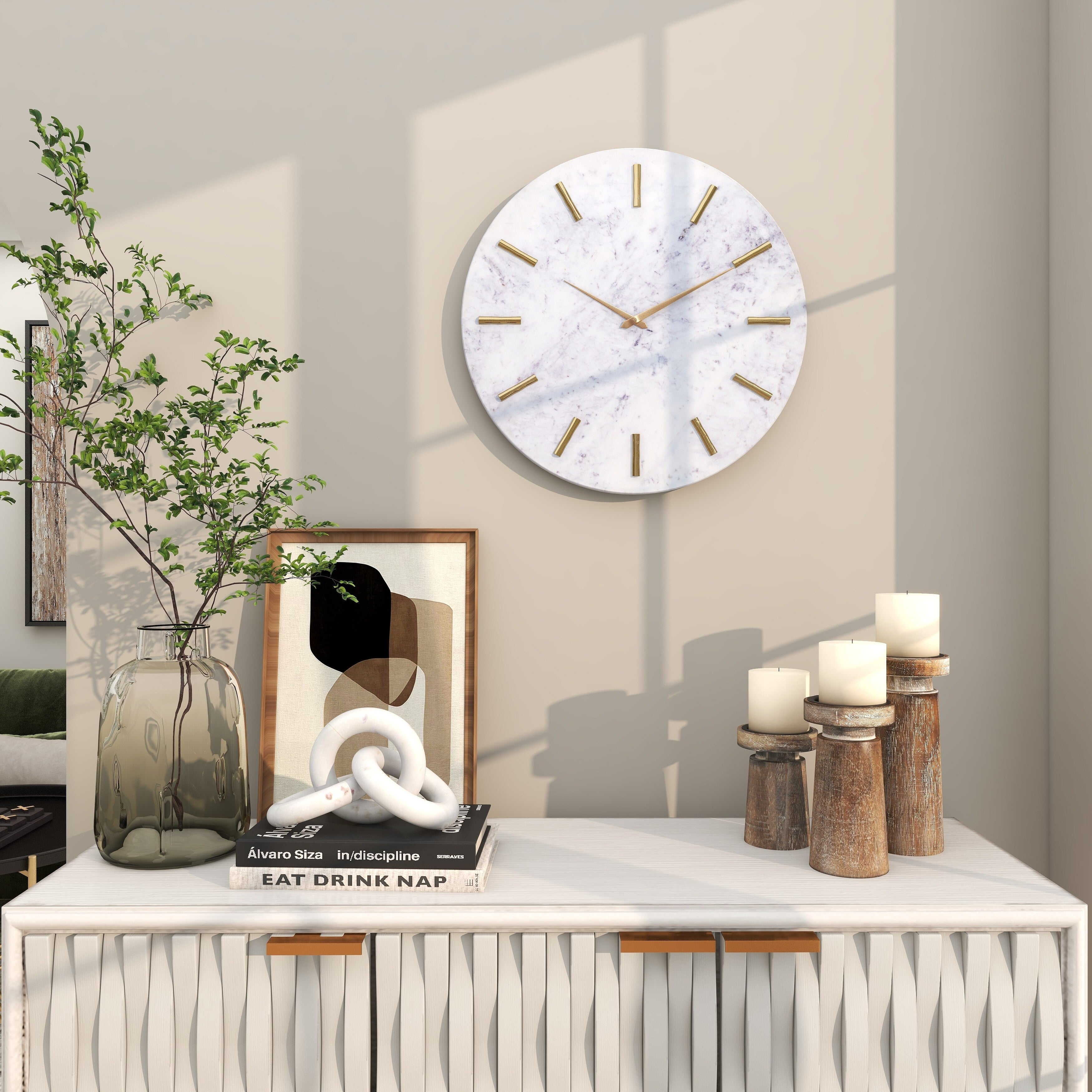 Marble Decorative Wall Clock with Gold Metal Accents - White - CosmoLiving by Cosmopolitan