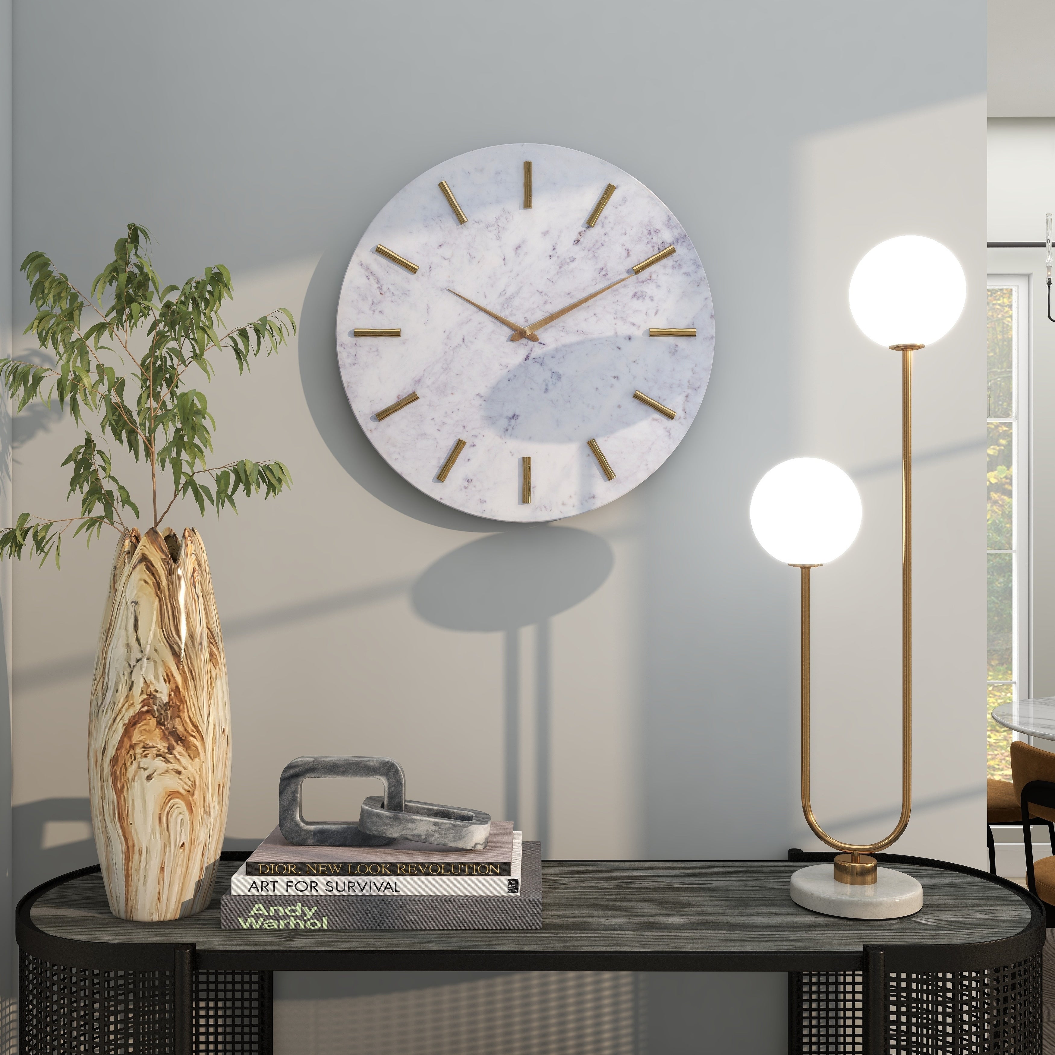 Marble Decorative Wall Clock with Gold Metal Accents - White - CosmoLiving by Cosmopolitan