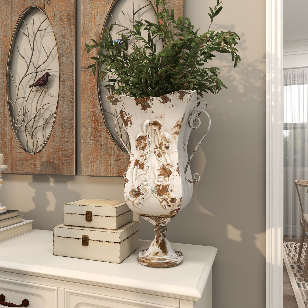 Metal Distressed Decorative Vase - White or Beige - Roche River Decor