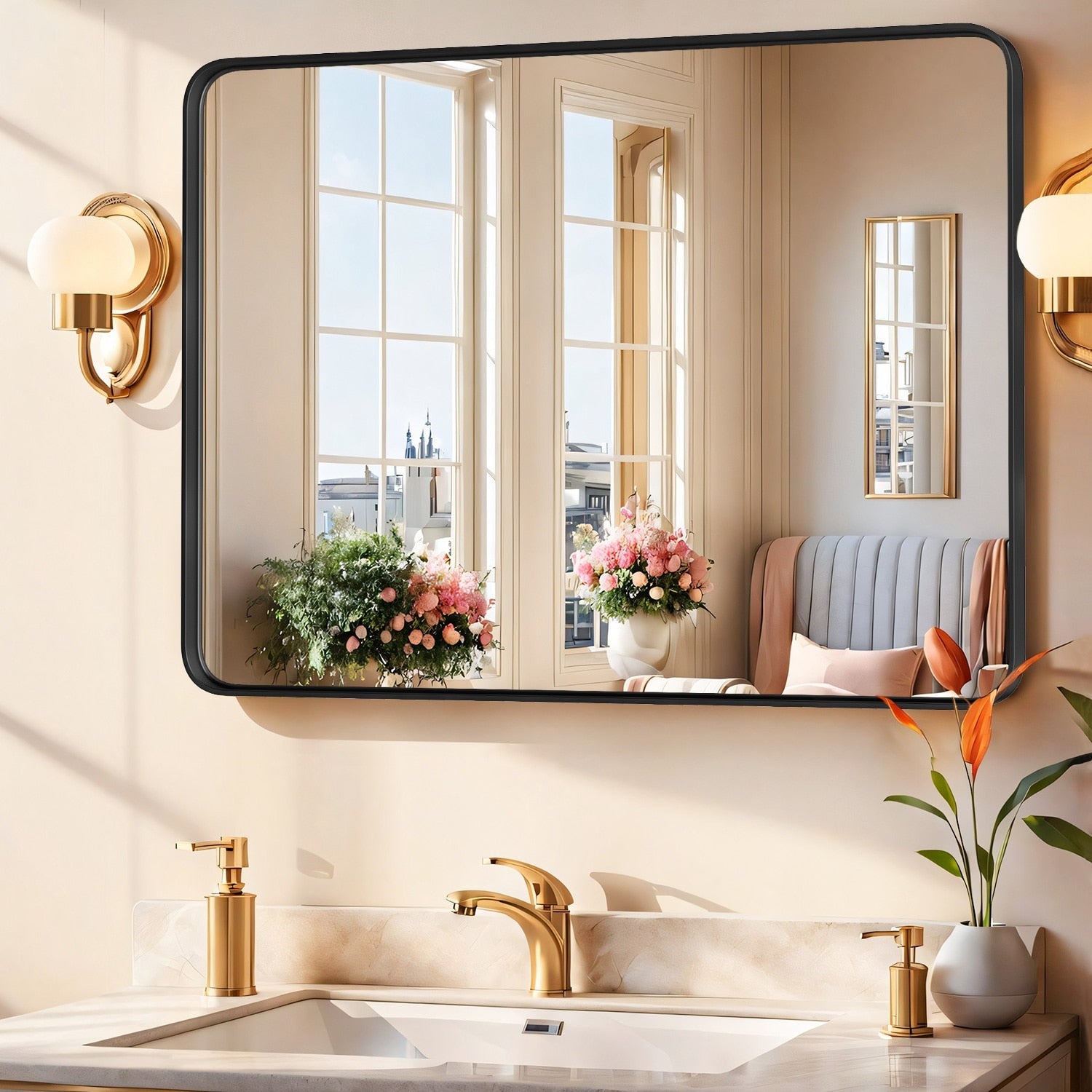 Black Aluminum Alloy Framed Vanity Rounded Rectangle Bathroom Mirrors for Over Sink Wall, Horizontally or Vertically Hanging