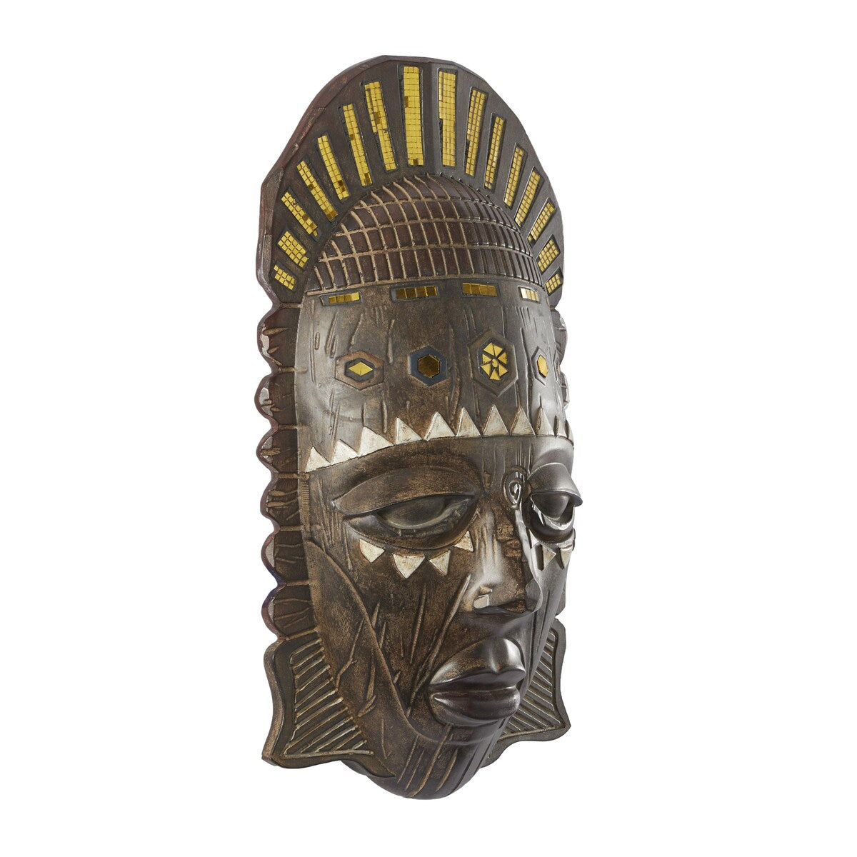 Polystone Mask African Tribal Home Wall Decor with Mirrored Gold Accents - Brown - Roche River Decor