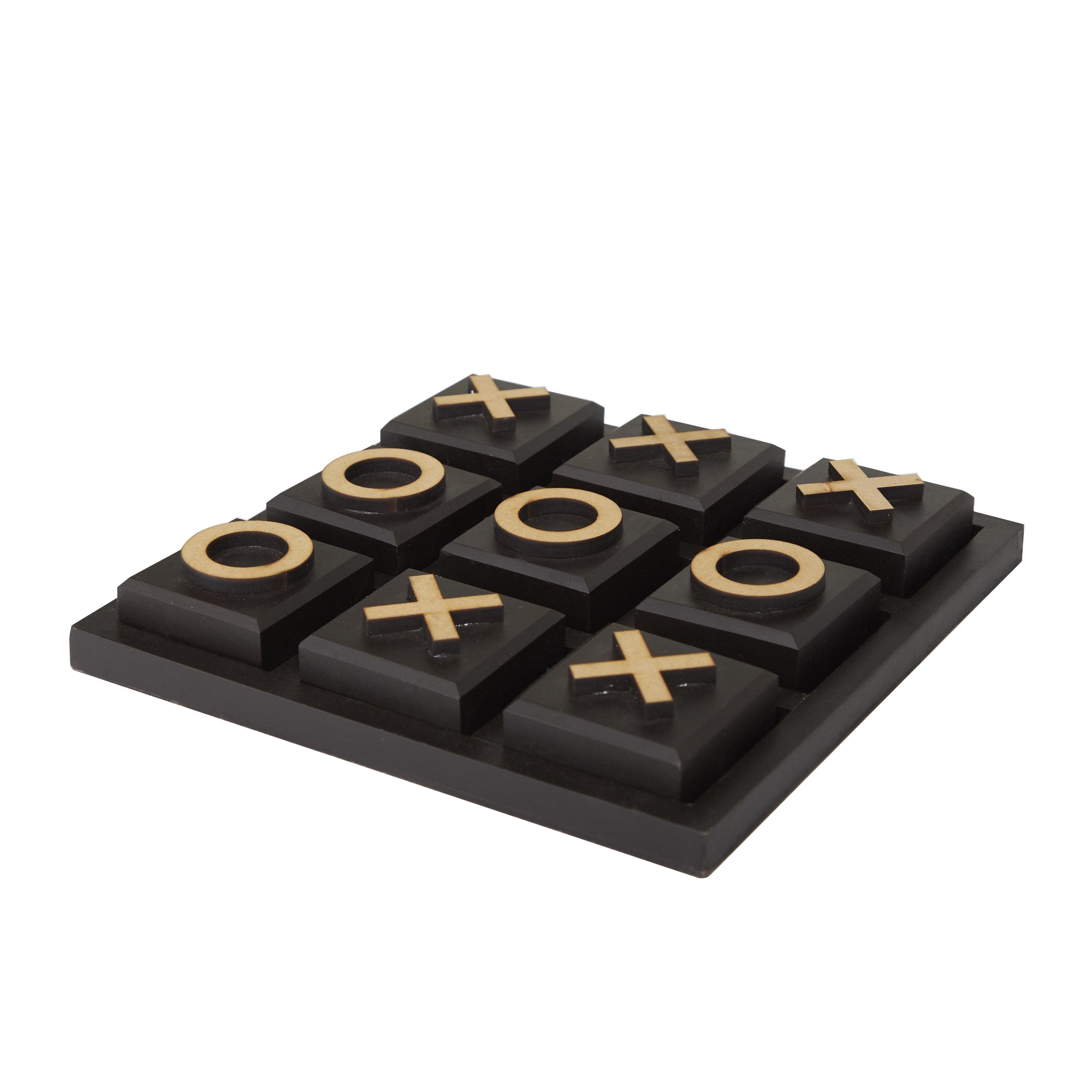 Wooden Tic Tac Toe Block Game Set with Steel or Light Wood Pieces - Black, Dark Brown, Gold - The Novogratz