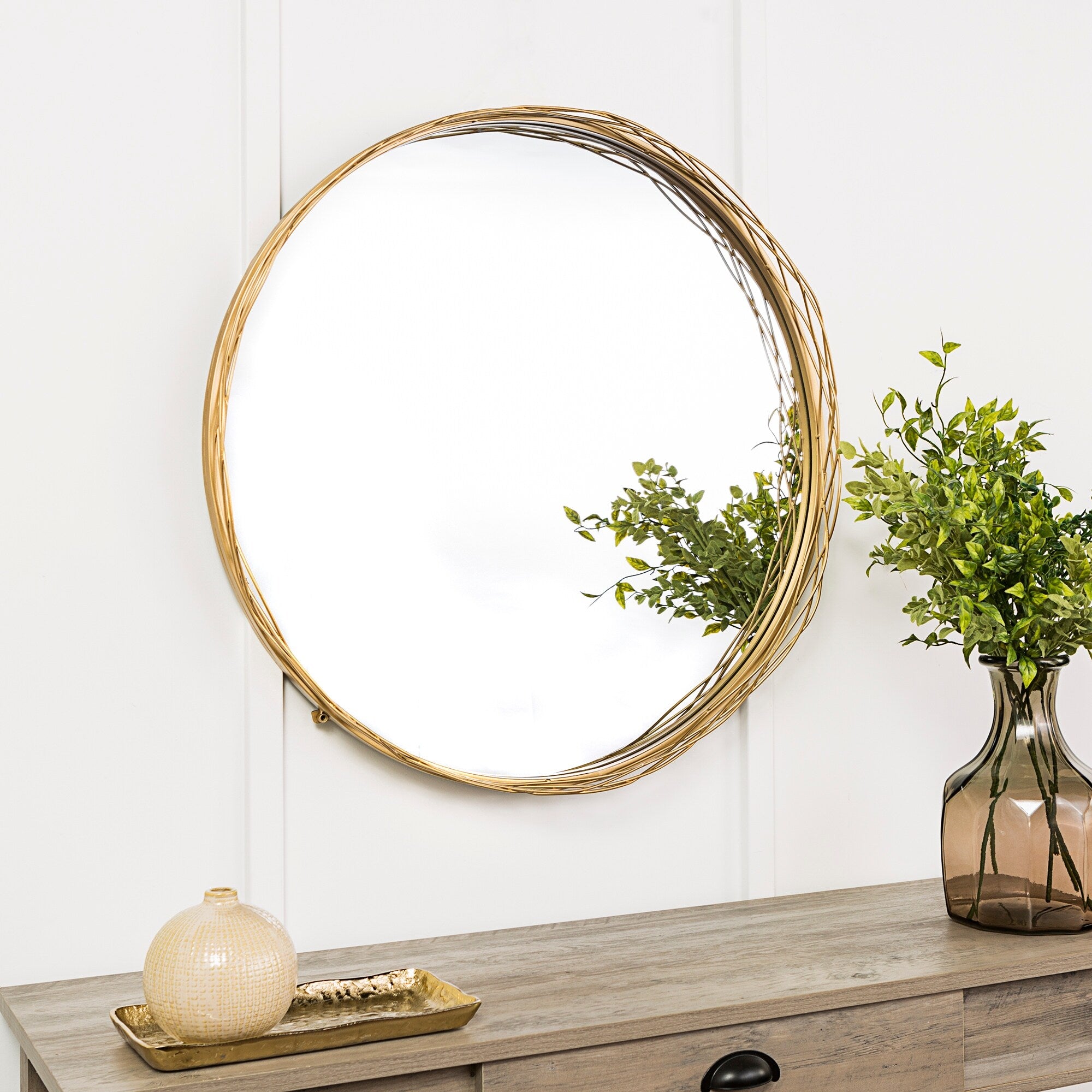 Middlebrook 32-inch Round Wire Nest Frame Wall Mirror - Gold