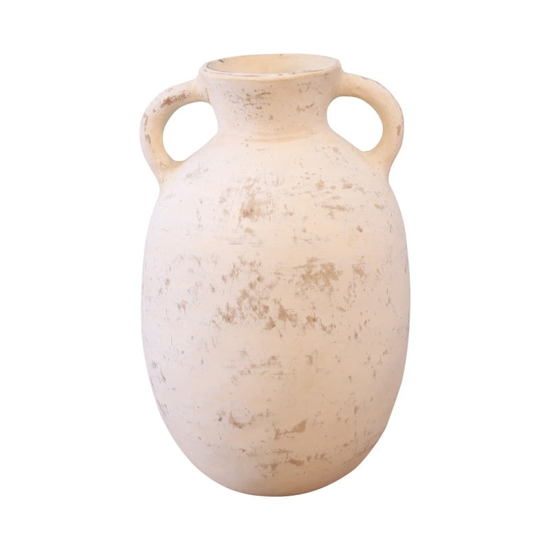 16 high terracota vase with two handles distressed white