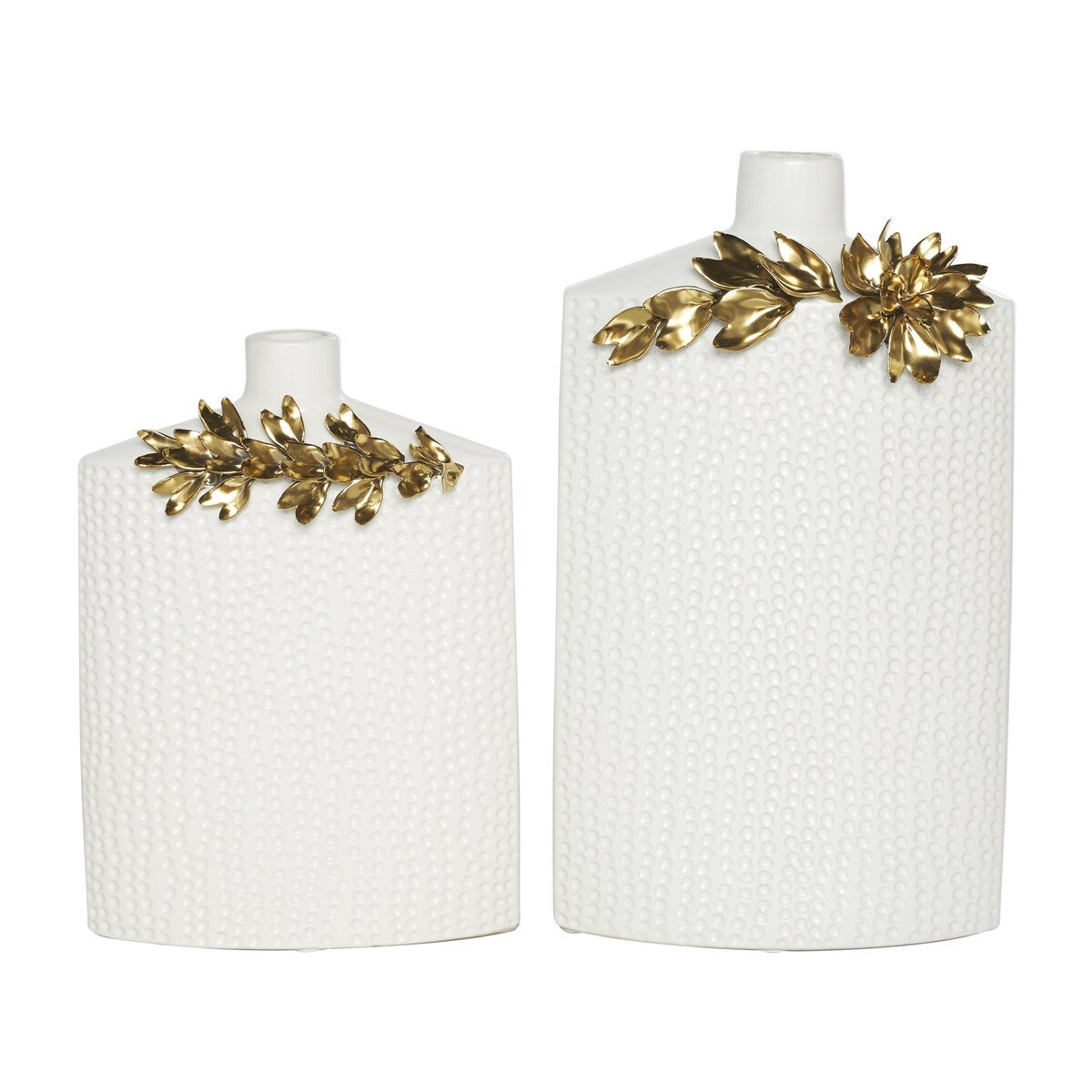 Ceramic Decorative Vase with Abstract Spotted Pattern and Gold Leaf Accents - Set of 2 White - Roche River Decor