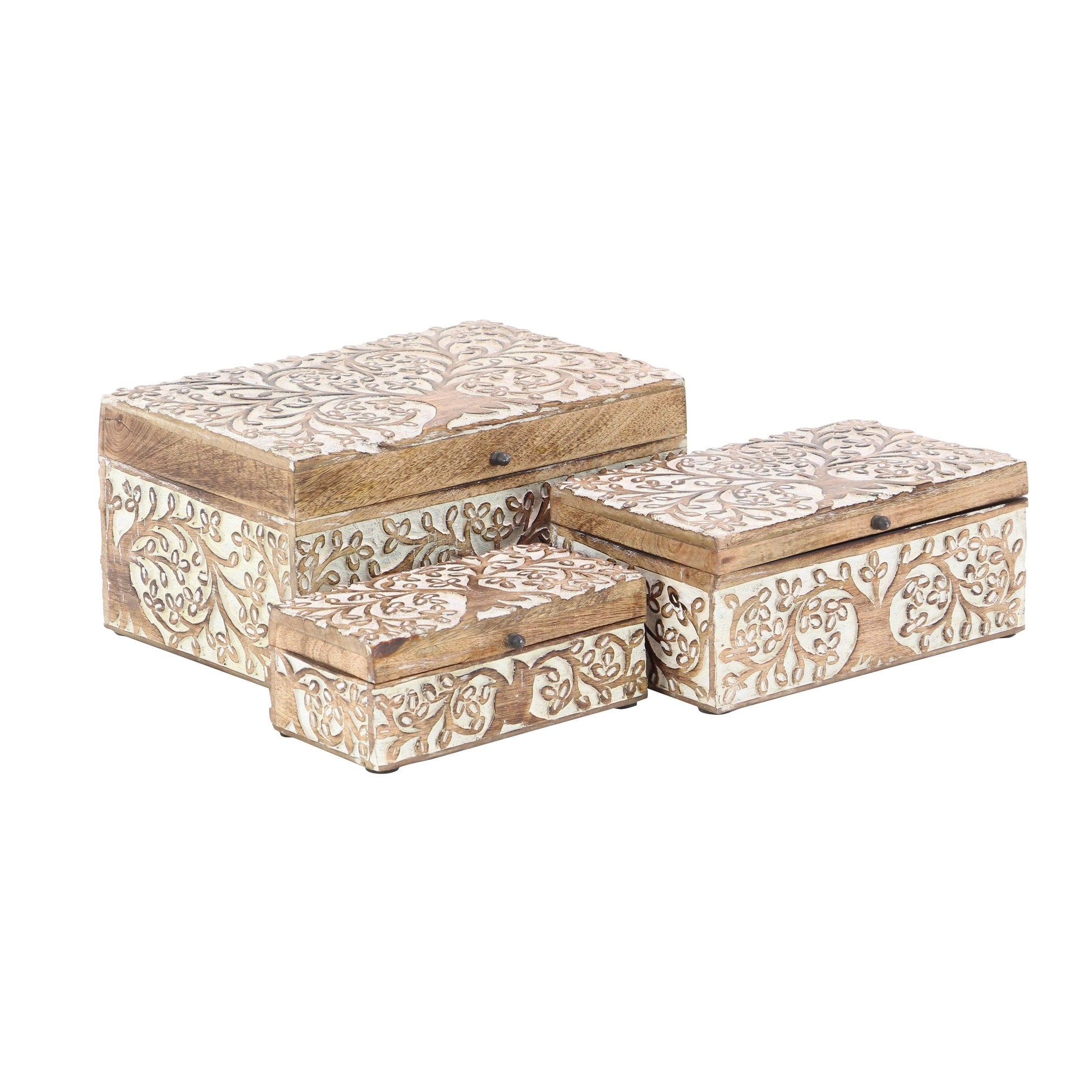 Mango Wood Floral Handmade Decorative Box with Hinged Lid - Set of 3 Brown or White - Roche River Decor