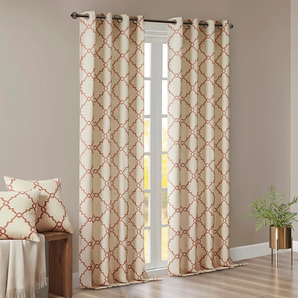 Cotton Blend Curtain Panel Pair, Scroll Geometric Print Grommet Curtain Panel Machine Washable - 63/84/95/108