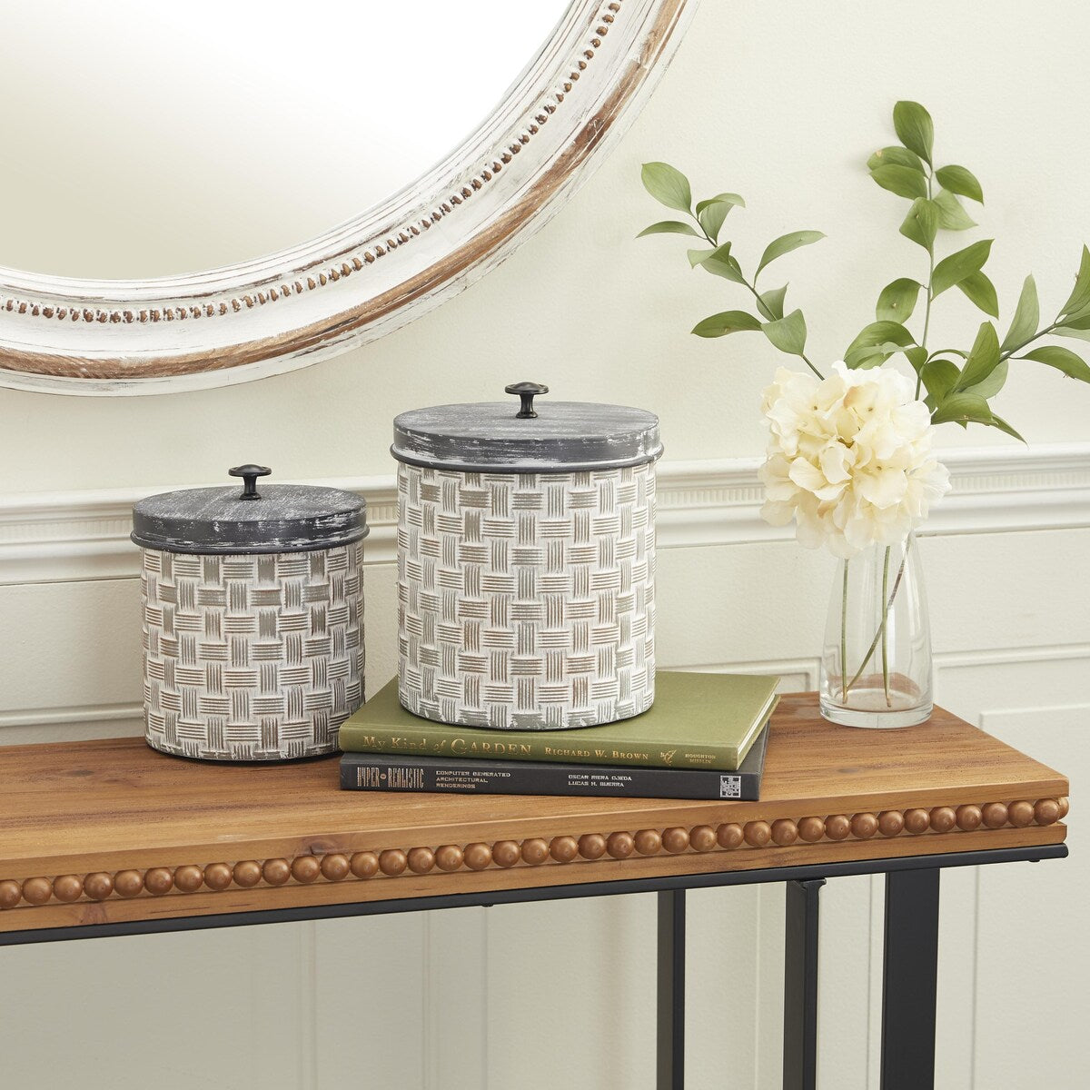 Metal Living Room Decorative Jars with Weave Inspired Pattern - Set of 2 Brown - Roche River Decor