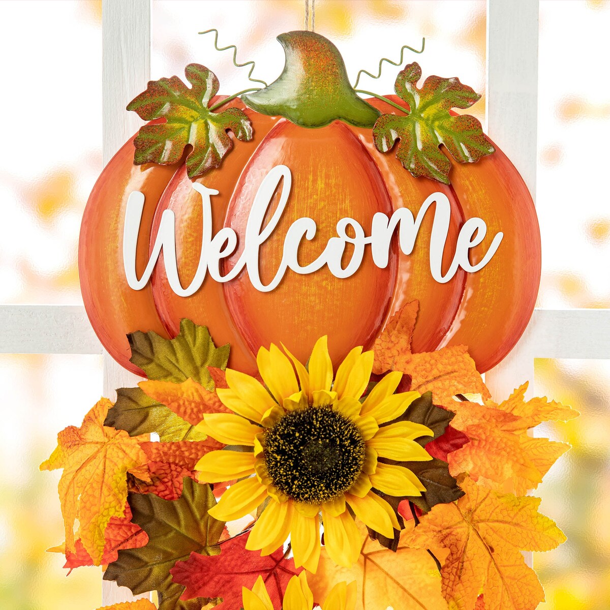 Glitzhome 22.5H Fall Metal Welcome Pumpkin & Sunflower Swag Thanksgiving Wall Decor