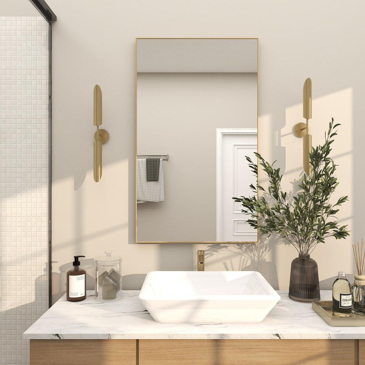 Wood Room Wall Mirror with Thin Minimalistic Frame - Black, White or Gold - Roche River Decor