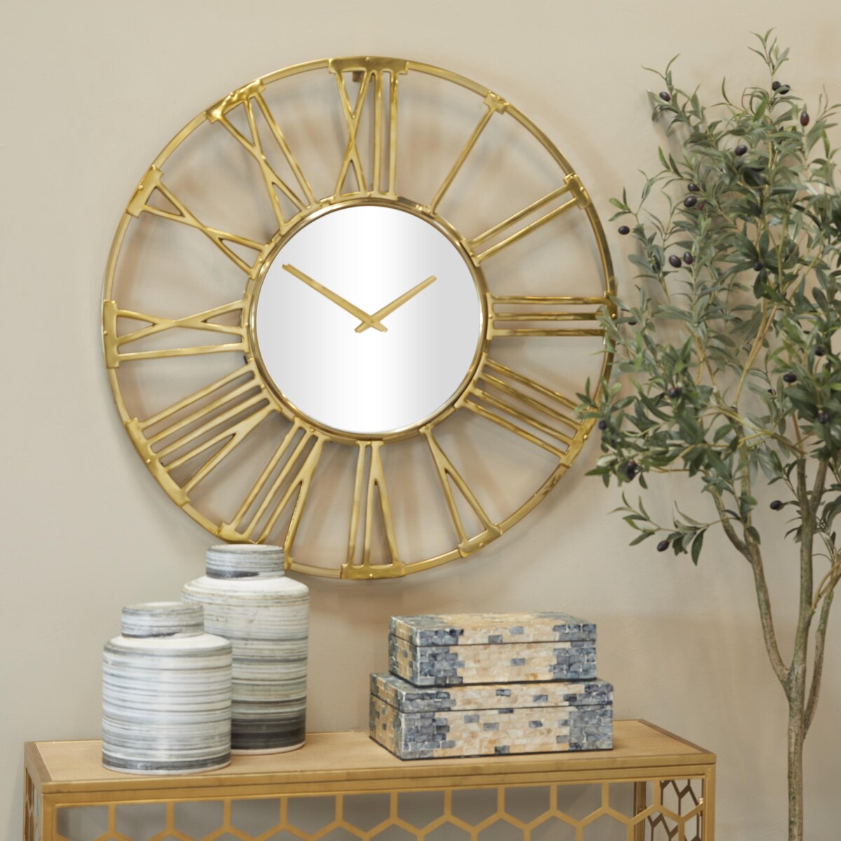 Aluminum Metal Geometric Open Frame Decorative Wall Clock with Glass Center - Silver or Gold - Roche River Decor