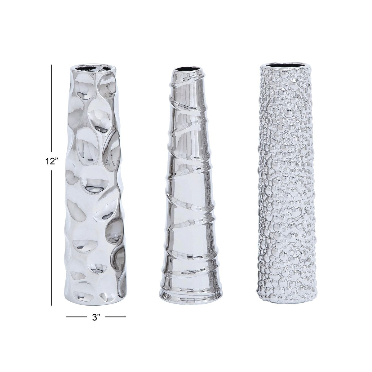 Ceramic Slim Cone Shaped Decorative Vase with Varying Textures - Set of 3 Silver - Roche River Decor