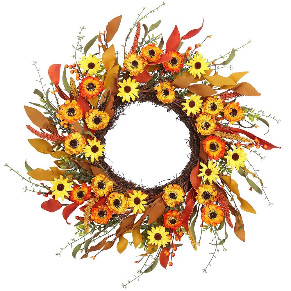 20 Artificial Fall Wreath for Front Door,Orange Daisy Autumn Wreath with Colorful Wildflowers and Autumn Foliage