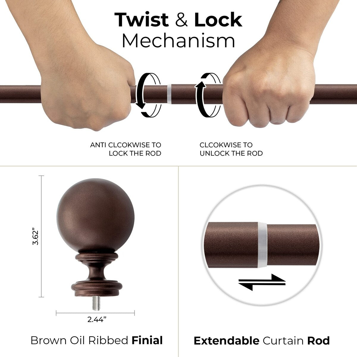 Deco window 1 Inch Adjustable Curtain Rod for Windows & Doors Curtains with Ball Finials & Brackets Set