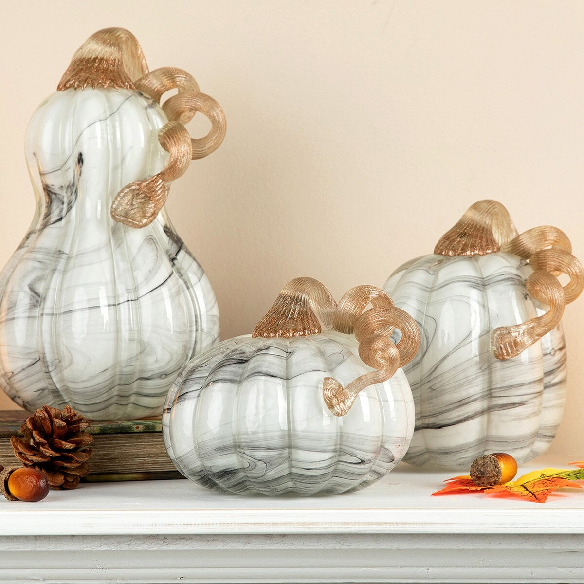 Glitzhome S/3 Fall Harvest Gray Marble Glass Pumpkin & Gourd Chinese Ink Wash Painting Style for Thanksgiving Decor