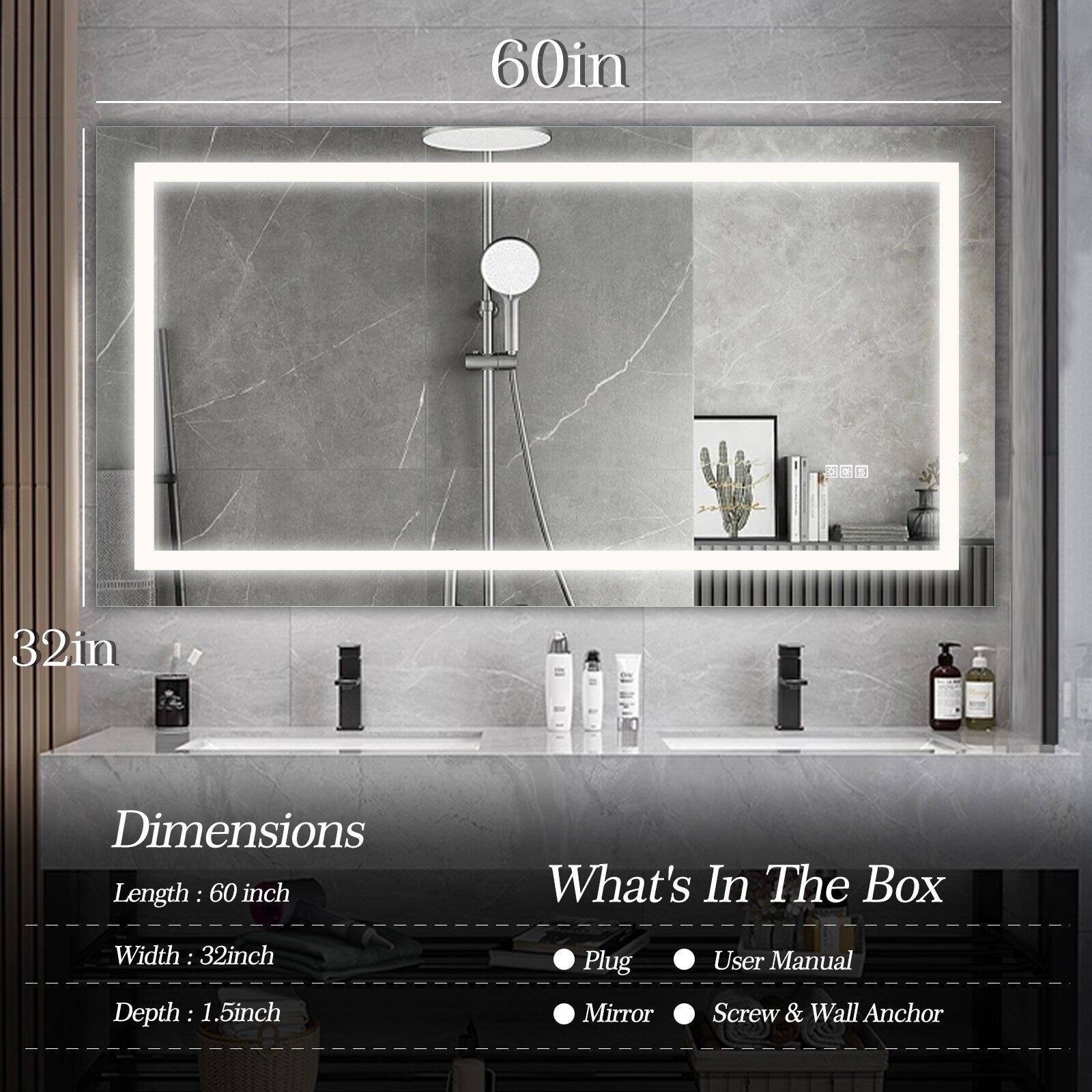 60x32 Inch LED Bathroom Mirror with lights,Anti-Fog & Dimming Led Bathroom Vanity Mirror