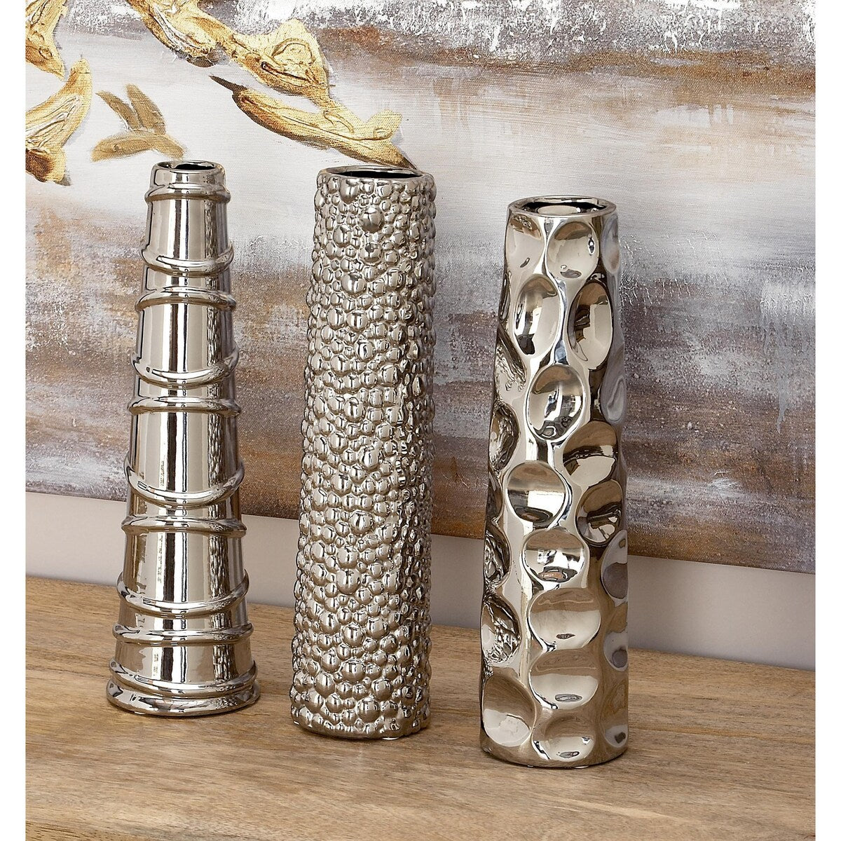 Ceramic Slim Cone Shaped Decorative Vase with Varying Textures - Set of 3 Silver - Roche River Decor