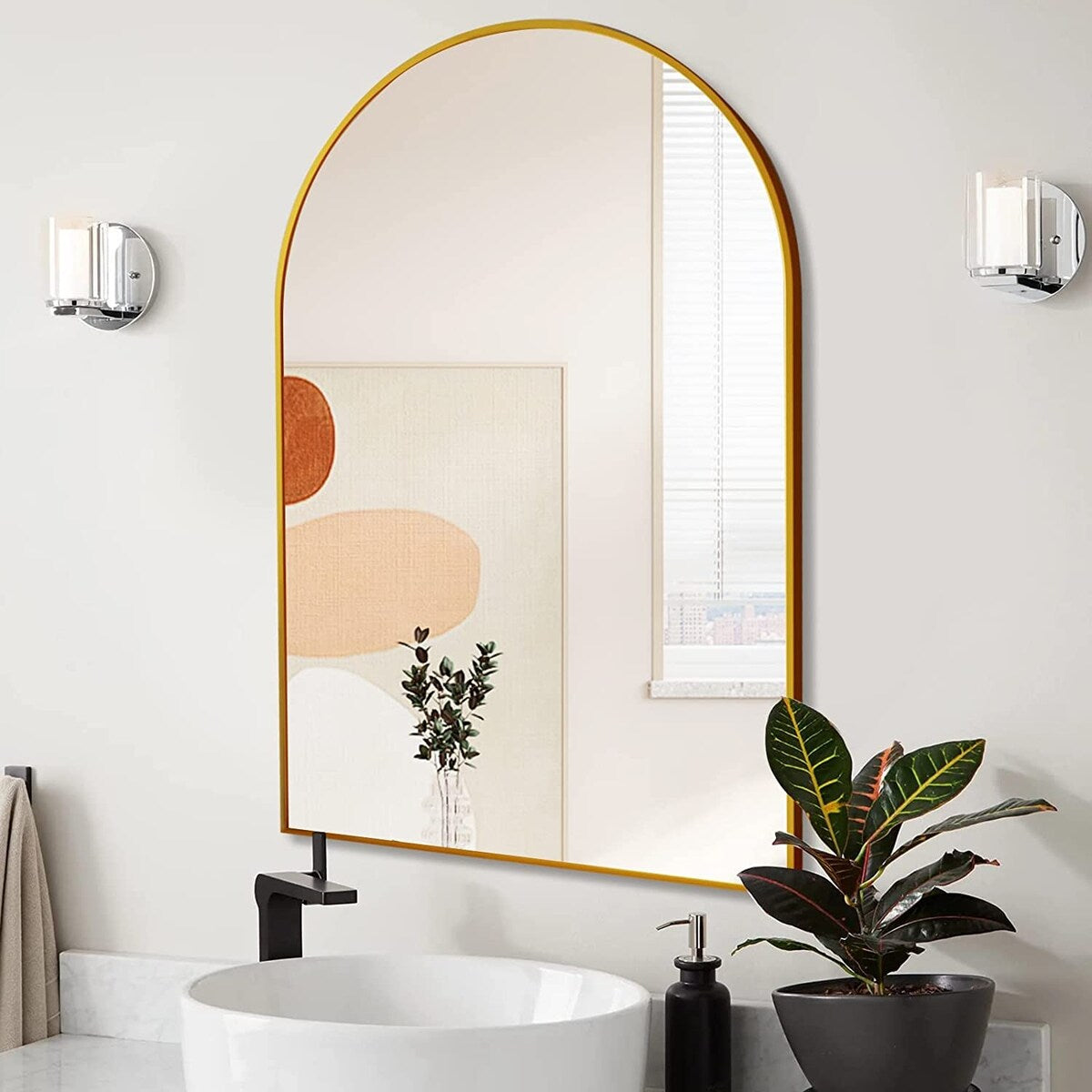 Modern Arched-Top Wall Mirror, Metal Framed Wall Mount Bathroom HD Vanity Mirror