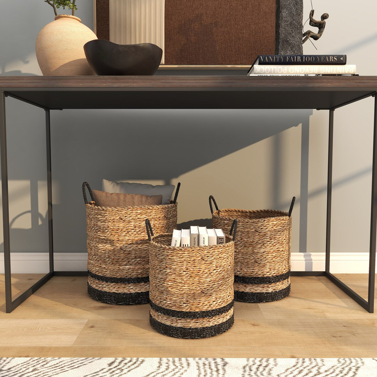 Seagrass Handmade Two-Toned Brown Decorative and Functional Storage Basket with Handles - Set of 3 Black - Roche River Decor