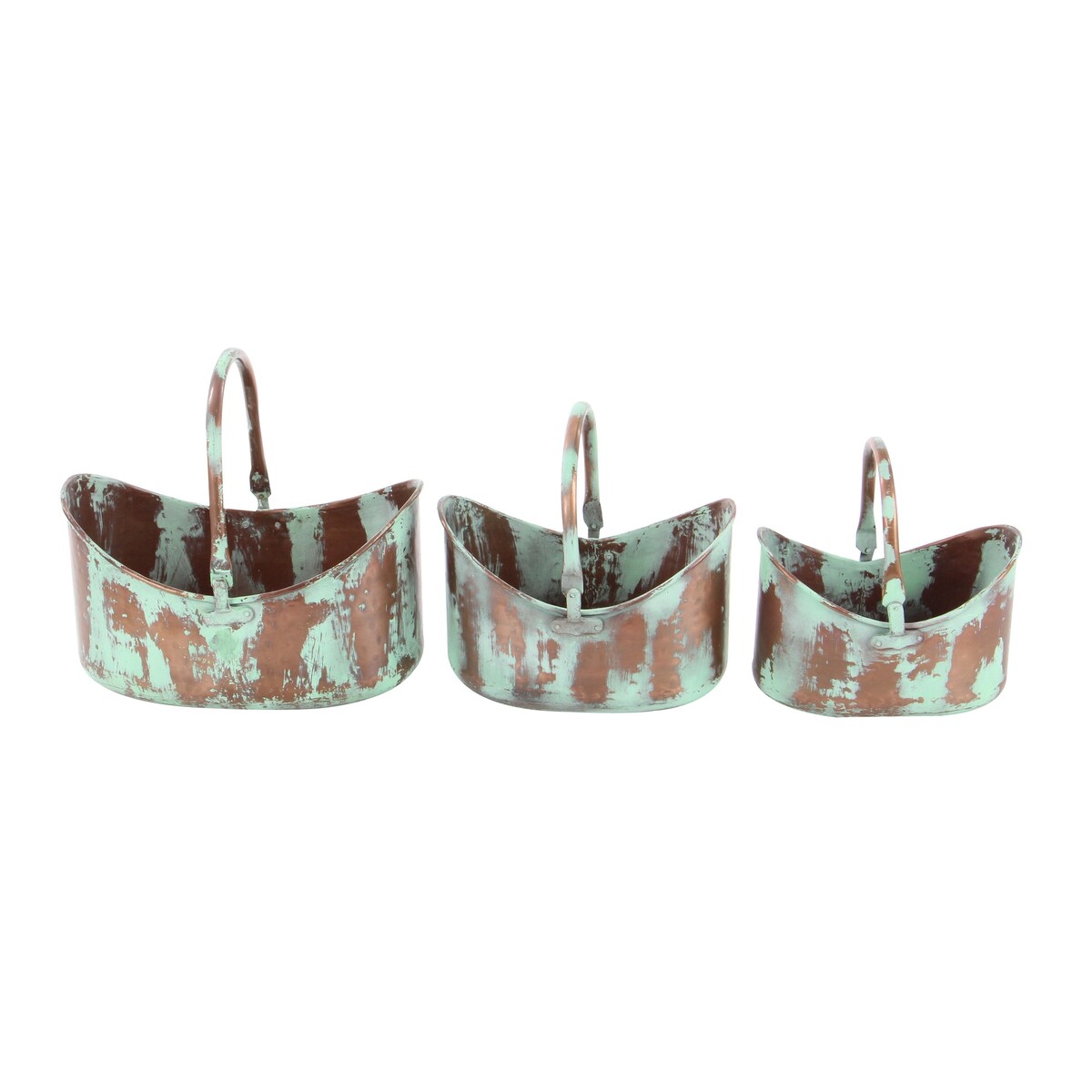 Metal Patina Tulip Style Bucket Indoor Outdoor Planter with Stationary Handles - Set of 3 Copper - Roche River Decor