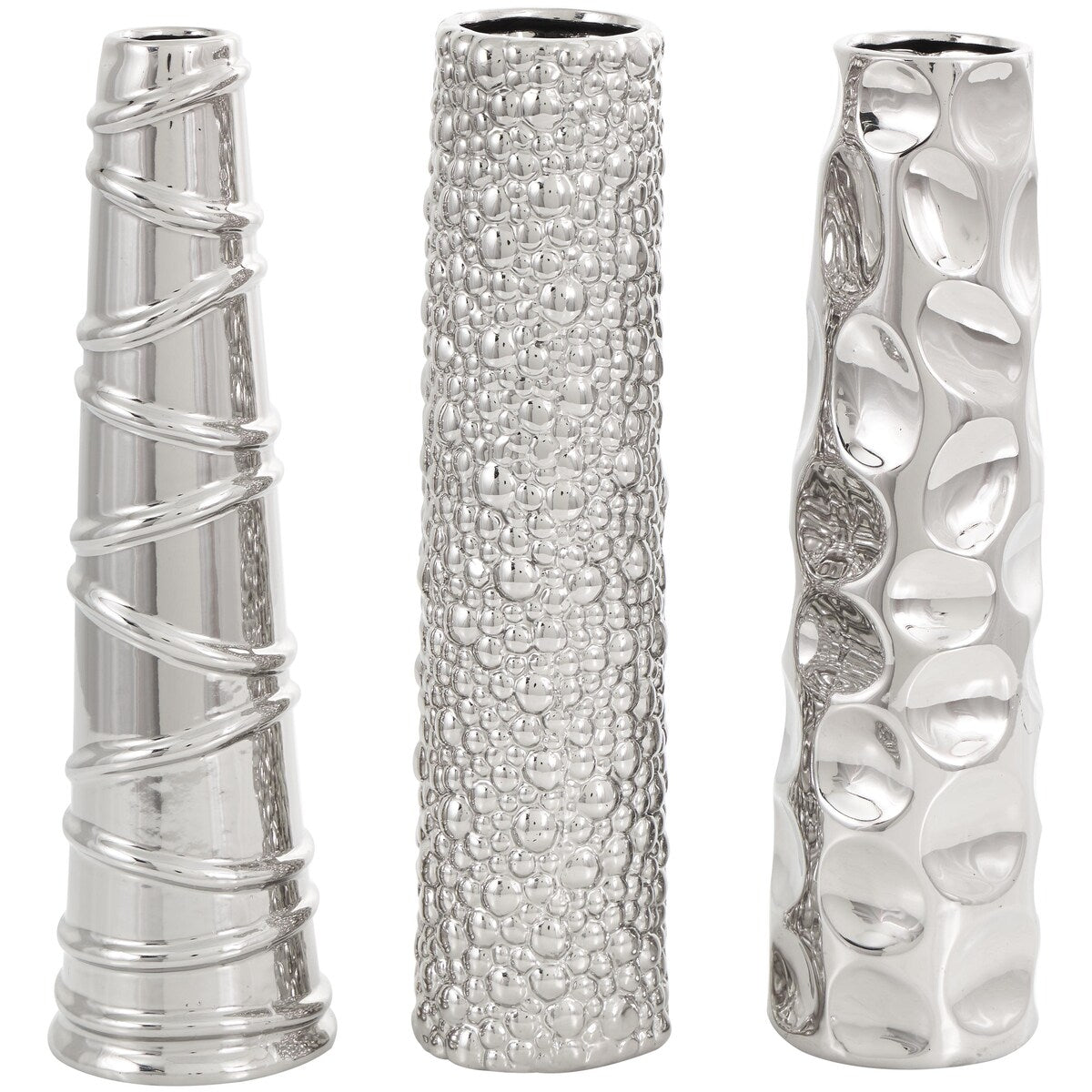 Ceramic Slim Cone Shaped Decorative Vase with Varying Textures - Set of 3 Silver - Roche River Decor