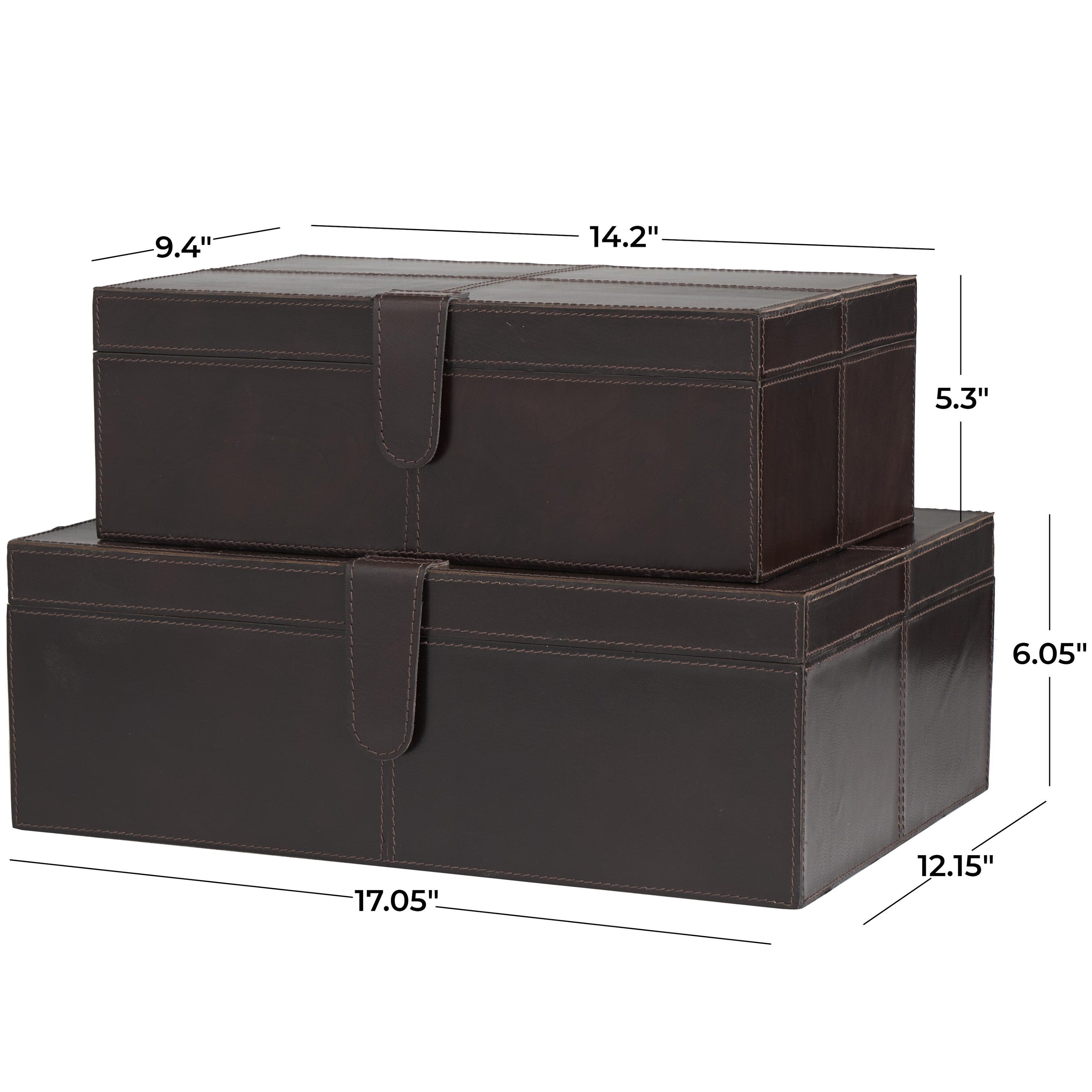 Leather Handmade Decorative Box with Hinged Lid - Set of 2 Gray, Brown or Dark Brown - Roche River Decor