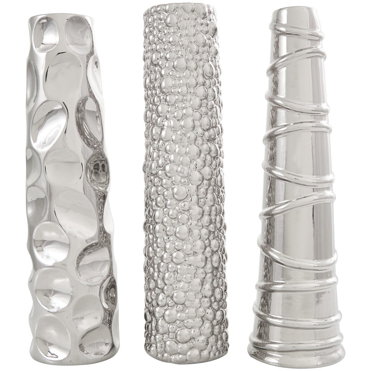 Ceramic Slim Cone Shaped Decorative Vase with Varying Textures - Set of 3 Silver - Roche River Decor