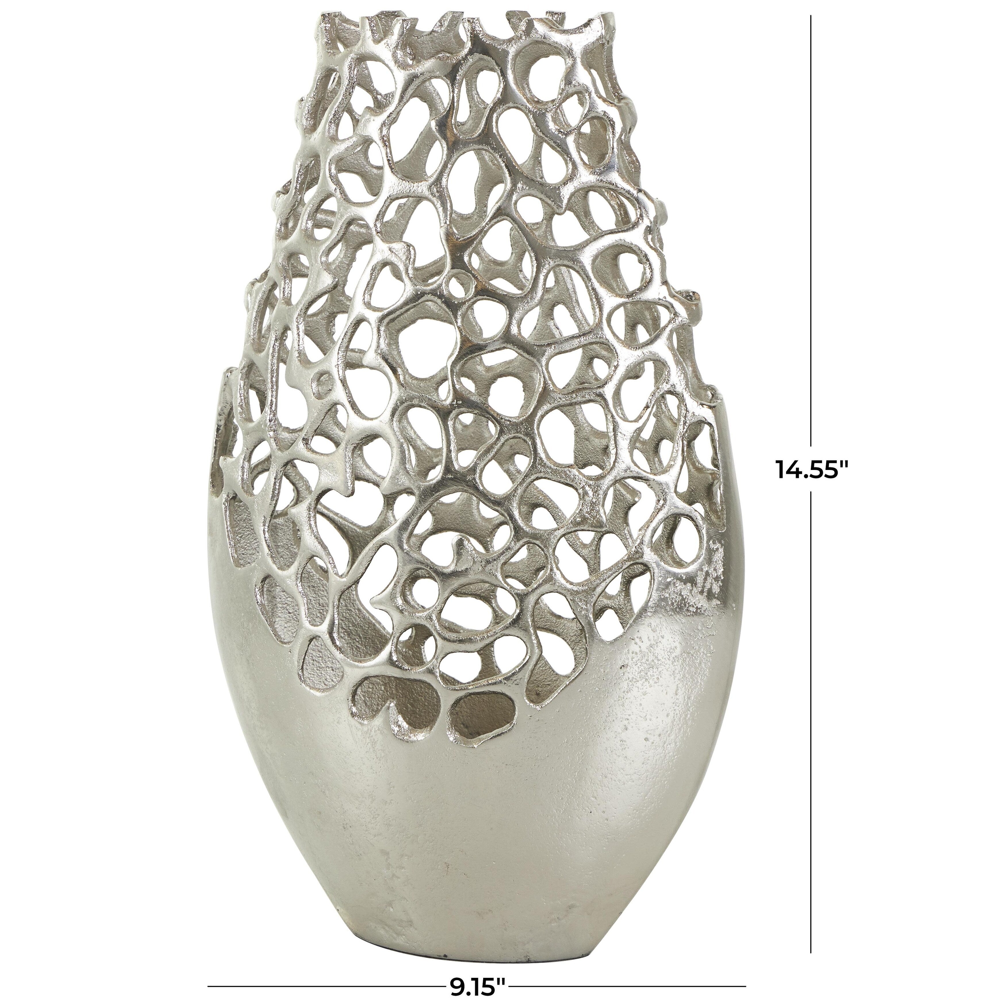 Aluminum Metal Rounded Decorative Vase with Freeform Open Lattice Work - Silver or Gold - Roche River Decor