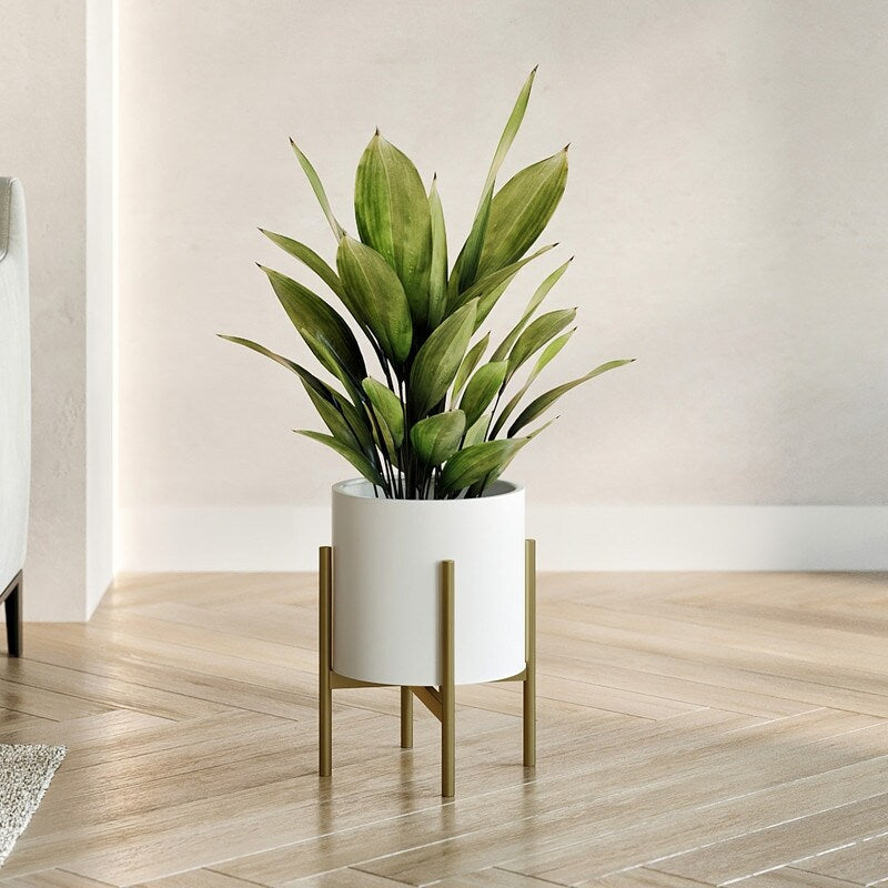 Raya White Mid-Century Modern Planter with 4-Leg Metal Base