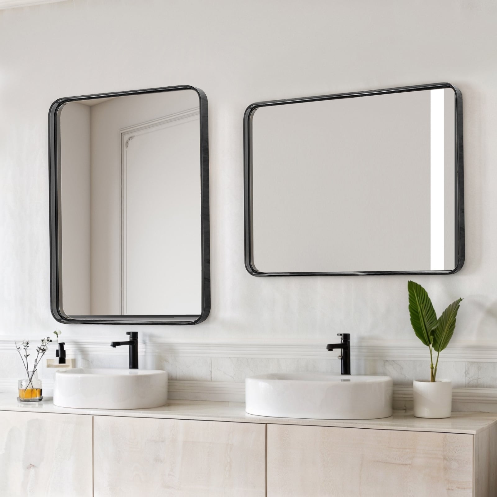 Black Aluminum Alloy Framed Vanity Rounded Rectangle Bathroom Mirrors for Over Sink Wall, Horizontally or Vertically Hanging