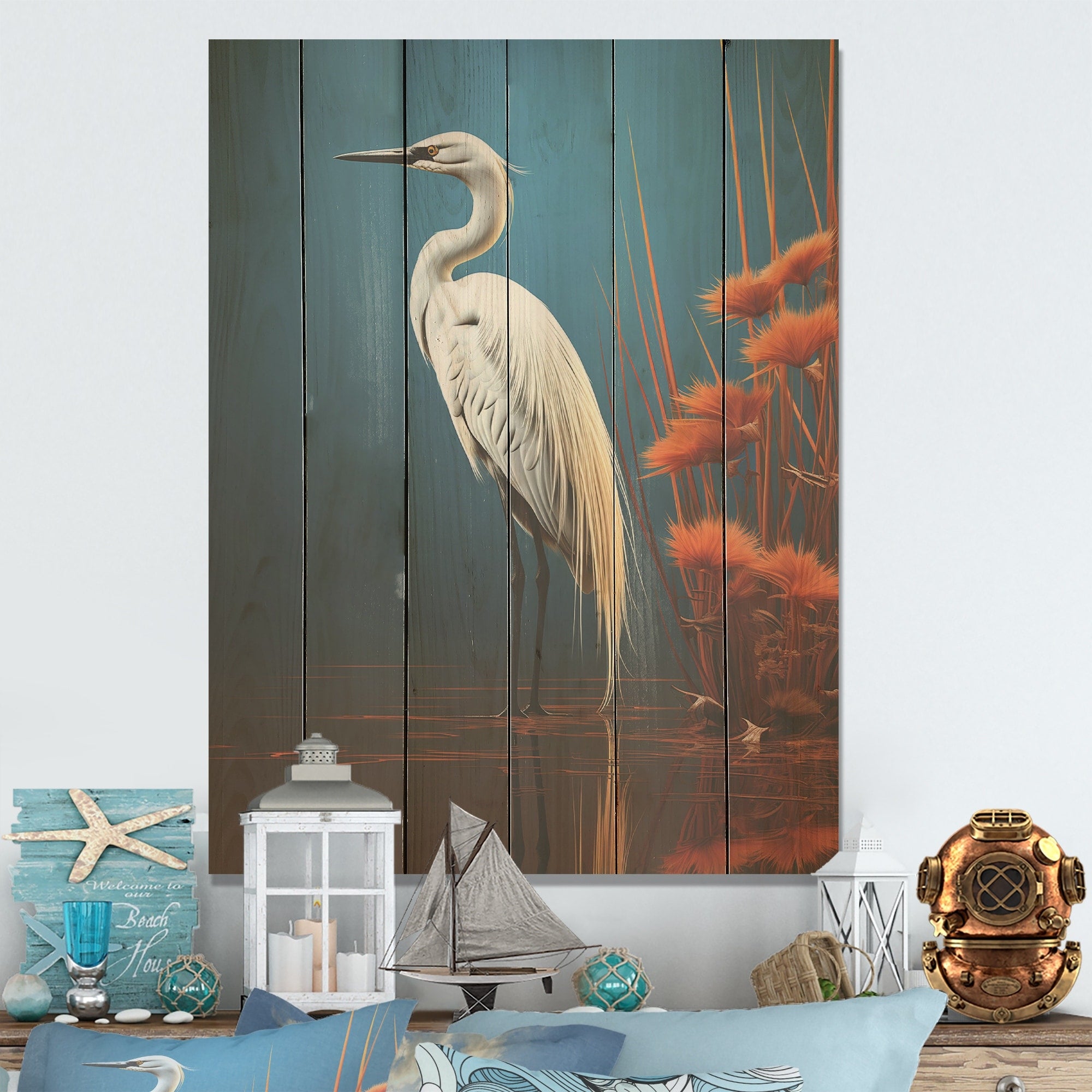 Designart Minimal Heron Portrait Photography Heron Wood Wall Decor - Modern White Wood Panel On Natural Pine Wood