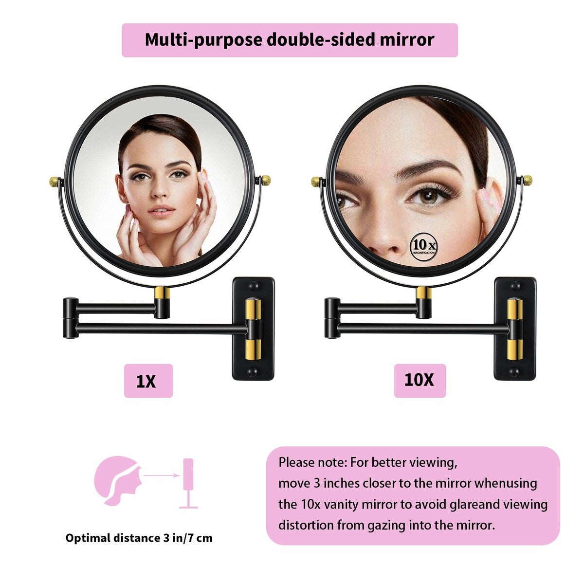 360° Swivel Wall Mounted Makeup Vanity Mirror with Extension Arm, 1X / 10X Magnification Mirror, 8-inch Makeup Mirror