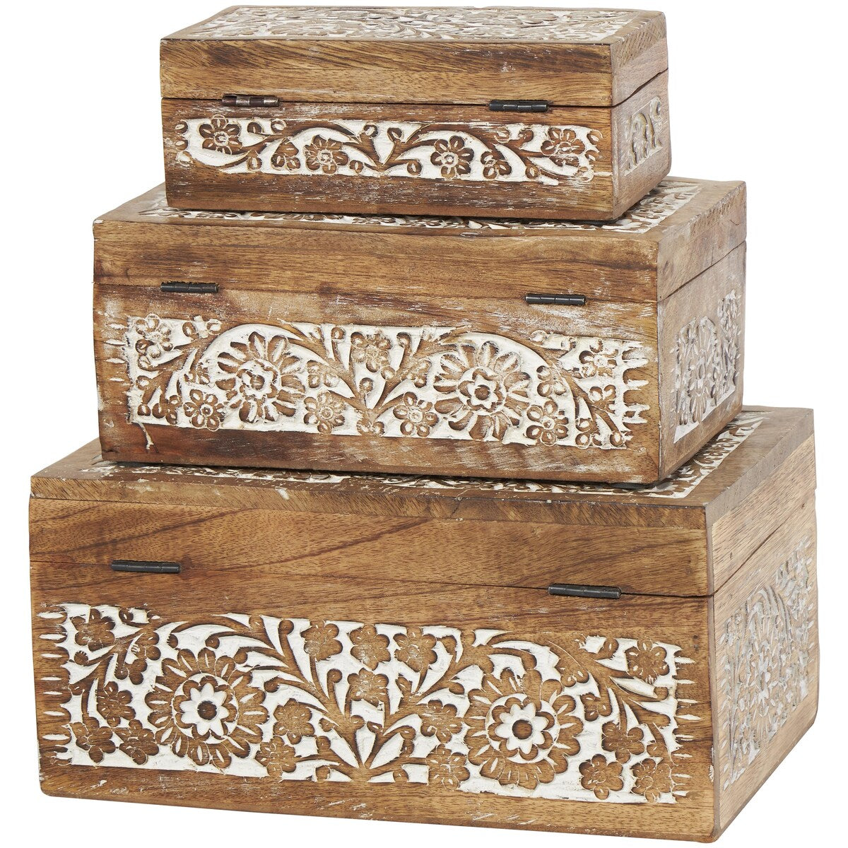 Mango Wood Floral Handmade Decorative Box with Hinged Lid - Set of 3 Brown or White - Roche River Decor