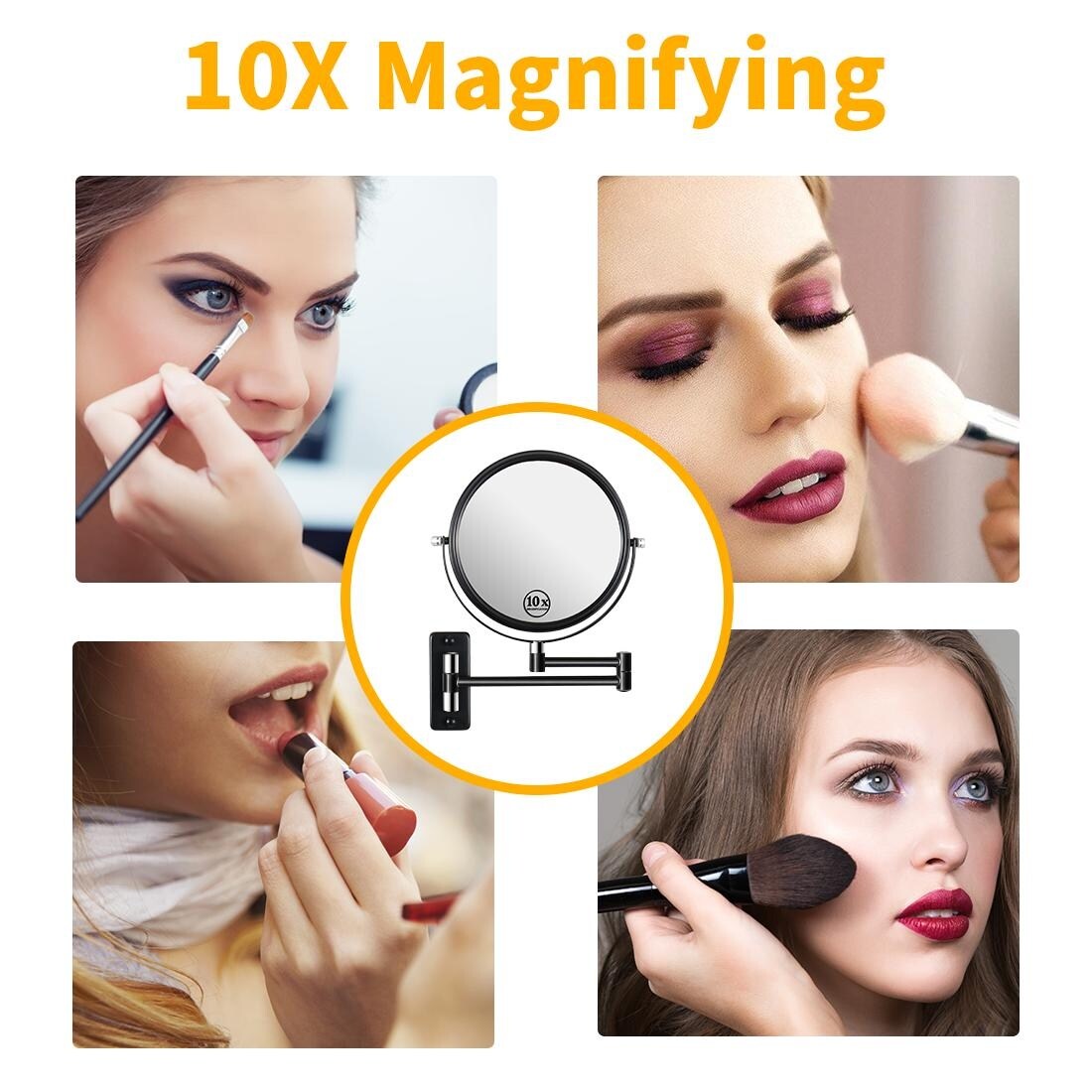 360° Swivel Wall Mounted Makeup Vanity Mirror with Extension Arm, 1X / 10X Magnification Mirror, 8-inch Makeup Mirror