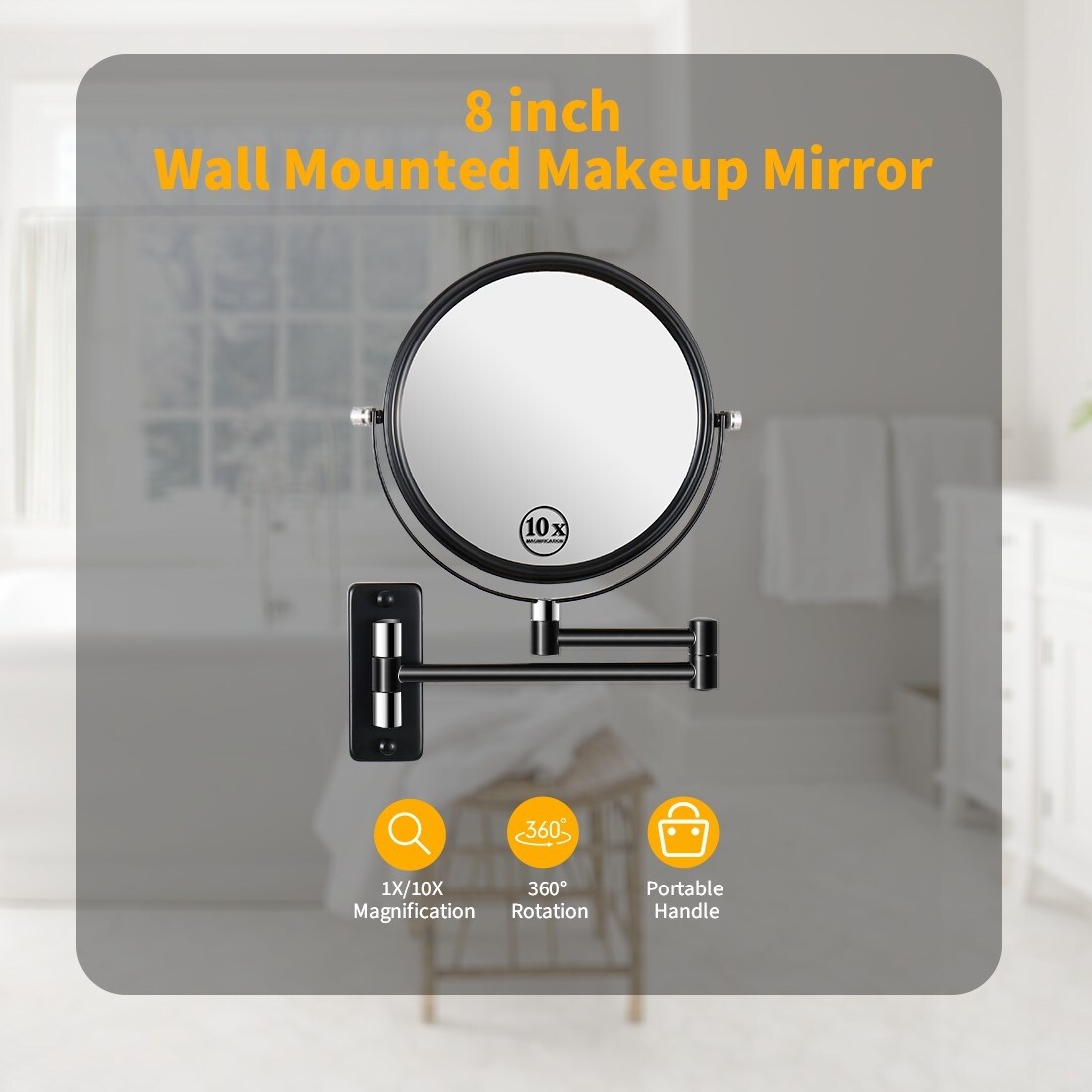 360° Swivel Wall Mounted Makeup Vanity Mirror with Extension Arm, 1X / 10X Magnification Mirror, 8-inch Makeup Mirror