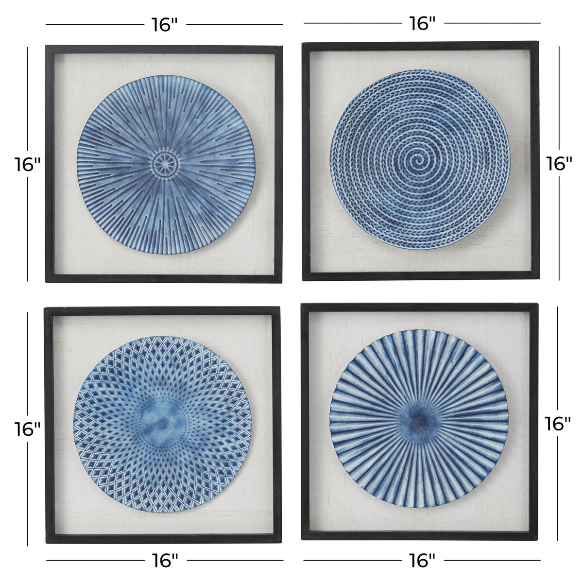 Wood Starburst Radial Plates Living Room Wall Decor with Black Frame - Set of 4 Blue - Roche River Decor