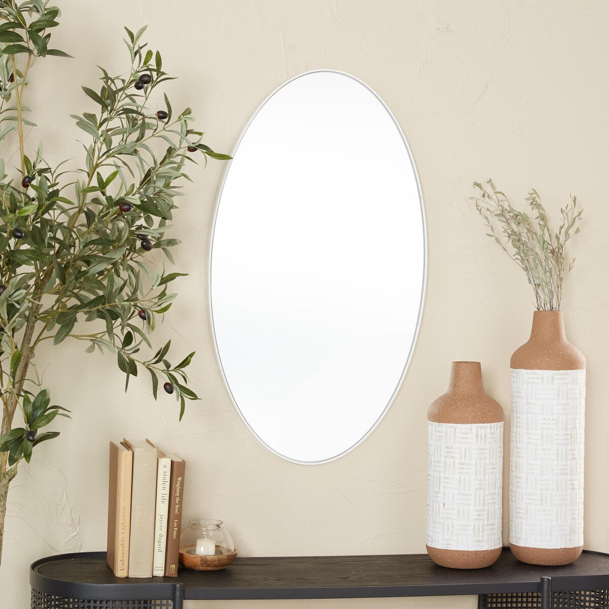 Wood Oval Room Wall Mirror with Thin Minimalistic Frame - Black, Gold or White - Roche River Decor