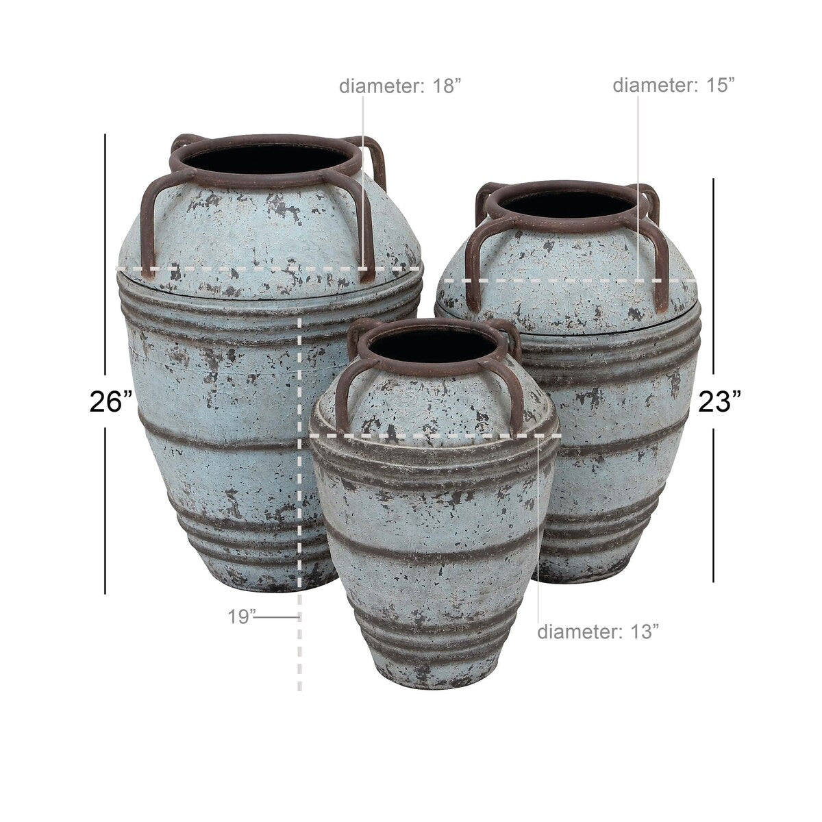 Metal Distressed Decorative Vase with Handles - Set of 3 Blue - Roche River Decor