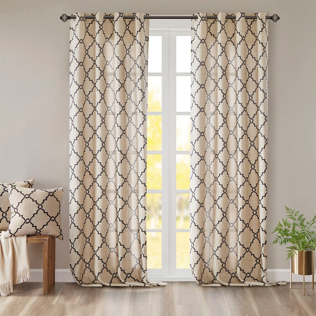 Cotton Blend Curtain Panel Pair, Scroll Geometric Print Grommet Curtain Panel Machine Washable - 63/84/95/108