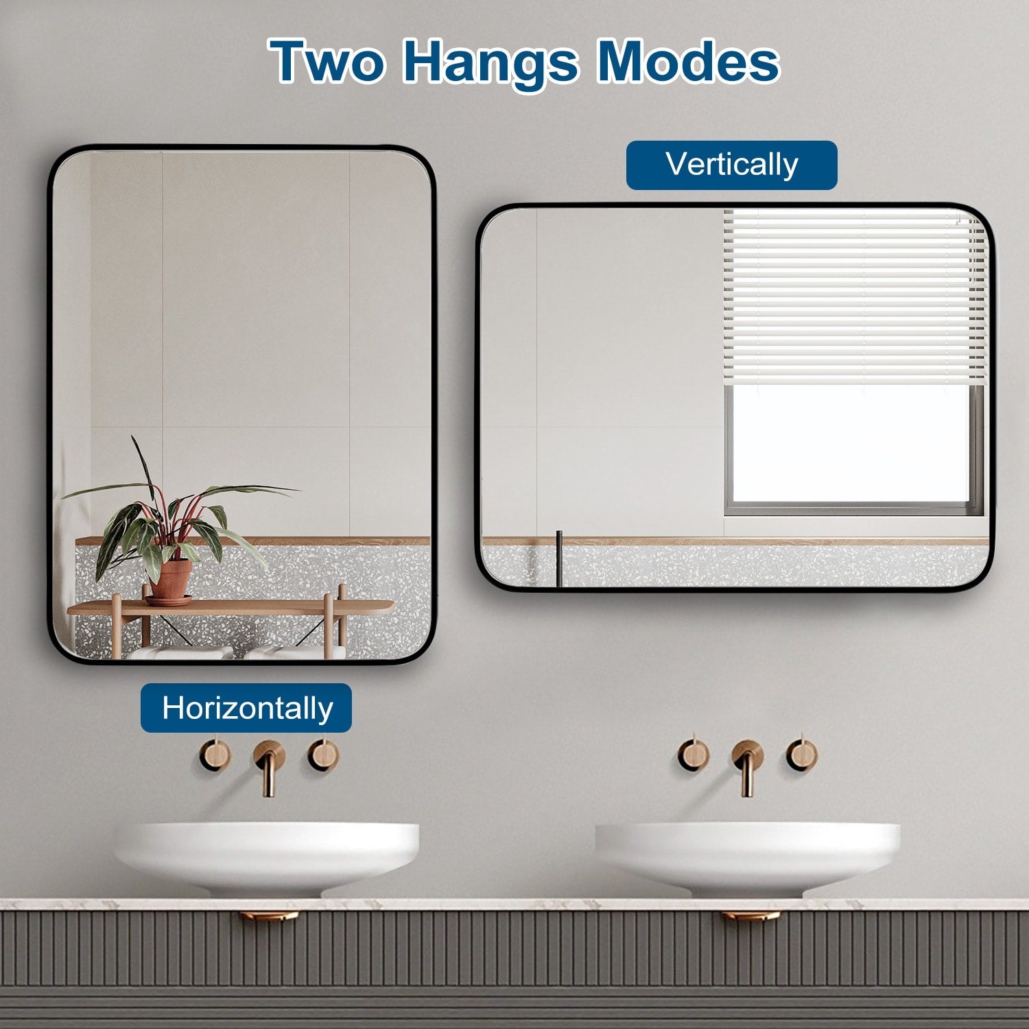 Black Aluminum Alloy Framed Vanity Rounded Rectangle Bathroom Mirrors for Over Sink Wall, Horizontally or Vertically Hanging