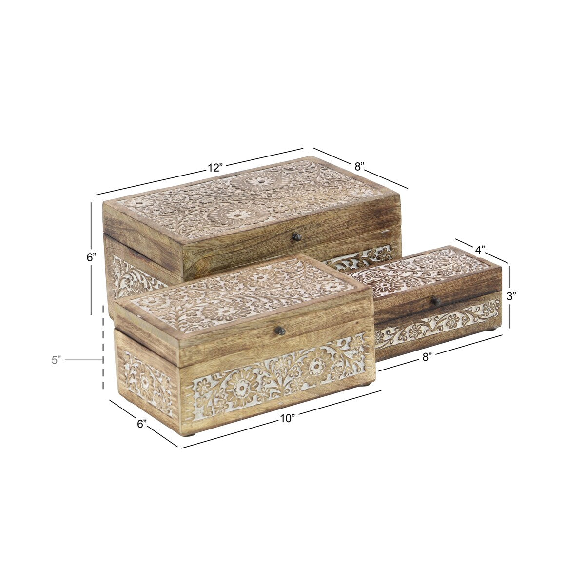 Mango Wood Floral Handmade Decorative Box with Hinged Lid - Set of 3 Brown or White - Roche River Decor