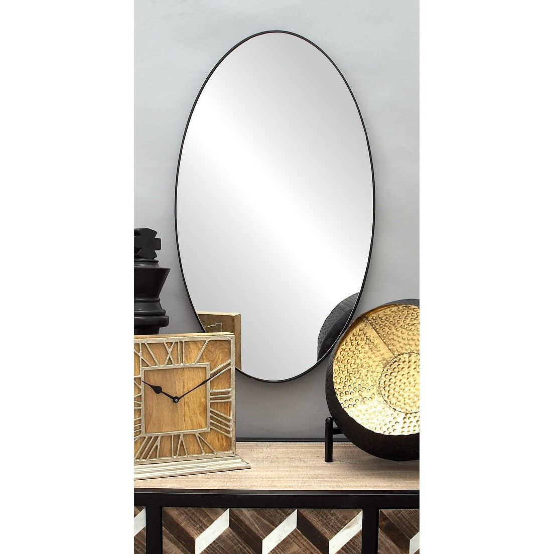 Wood Oval Room Wall Mirror with Thin Minimalistic Frame - Black, Gold or White - Roche River Decor