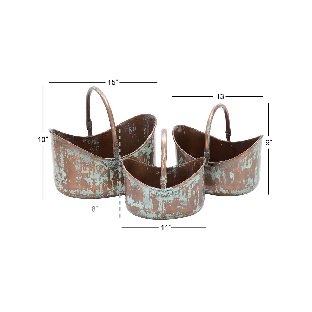 Metal Patina Tulip Style Bucket Indoor Outdoor Planter with Stationary Handles - Set of 3 Copper - Roche River Decor