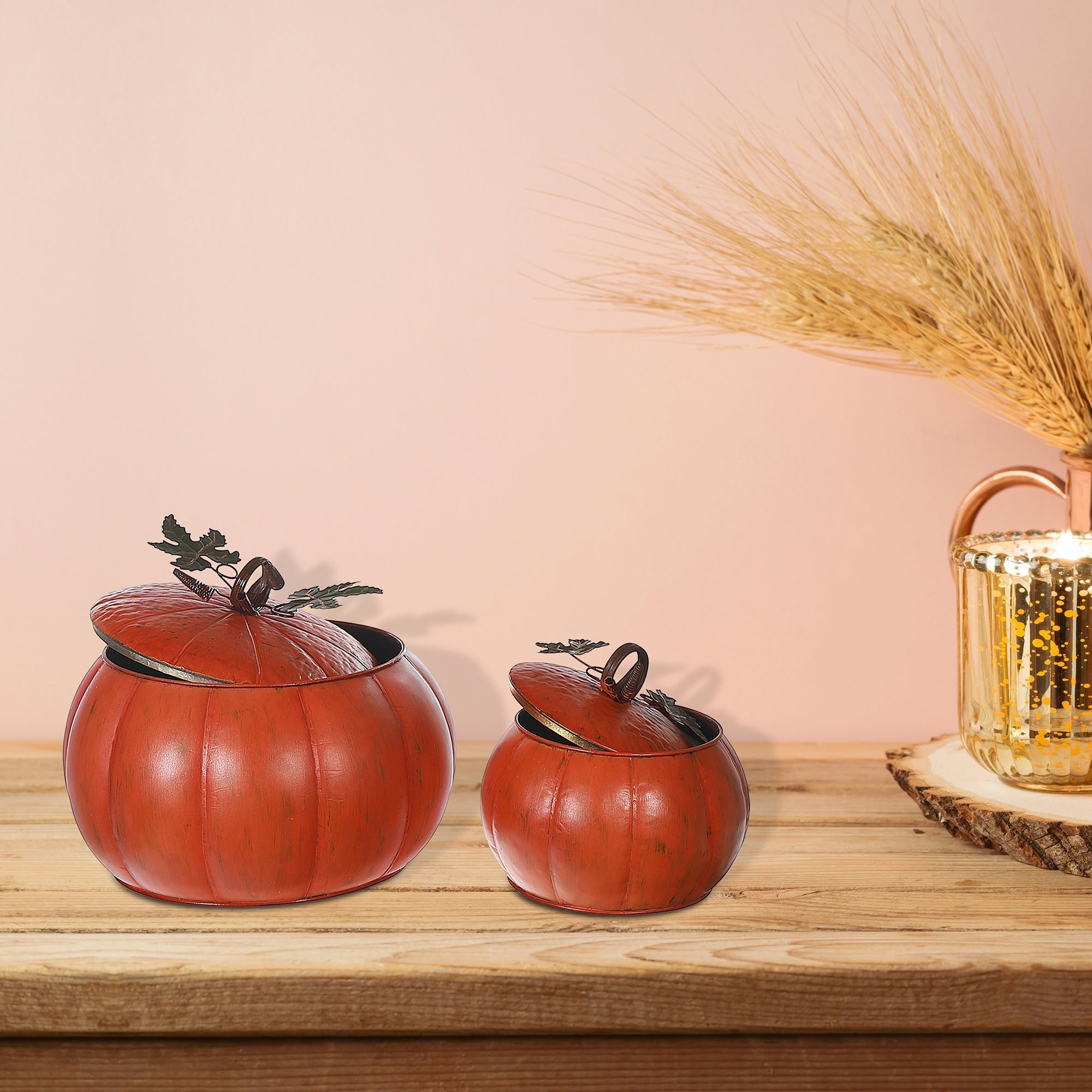 Metal Orange Pumpkin Jar With Lid Set Of 2