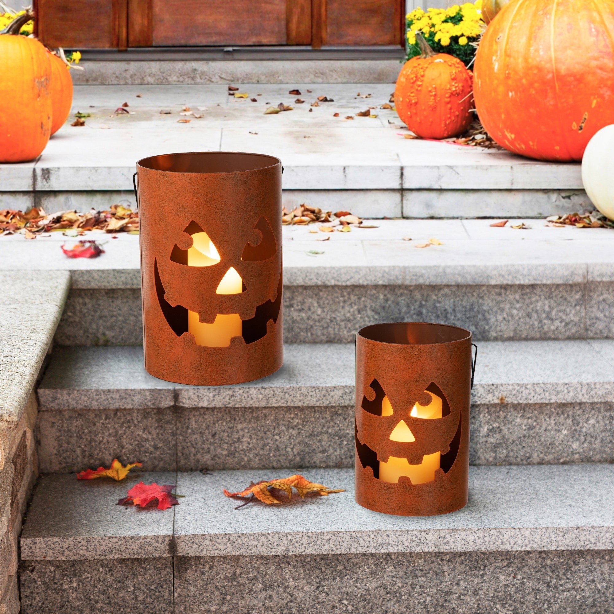 Glitzhome Set of 2 Halloween Metal Bucket Lanterns