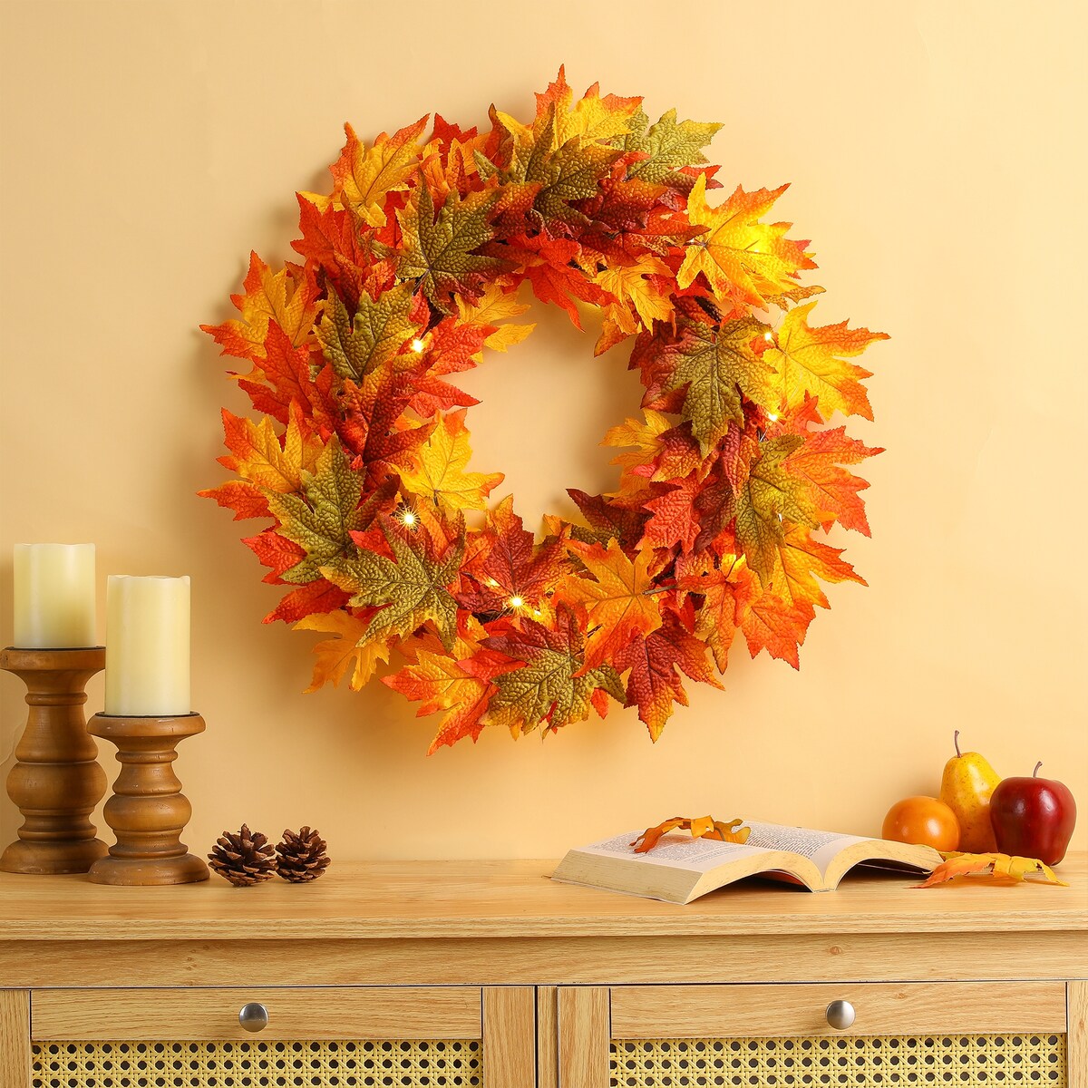 Glitzhome LED Lighted Fall Maple Leaves Wreath/Garland for Thanksgiving