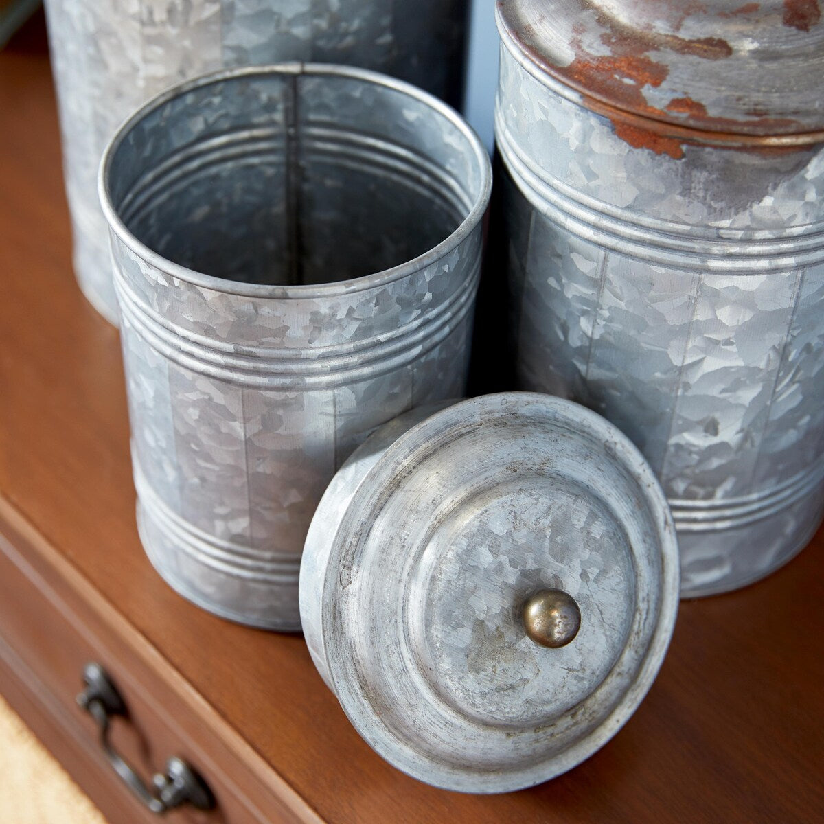 Metal Galvanized Ribbed Living Room Decorative Jars with Gold Ball Knobs - Set of 3 Gray - Roche River Decor