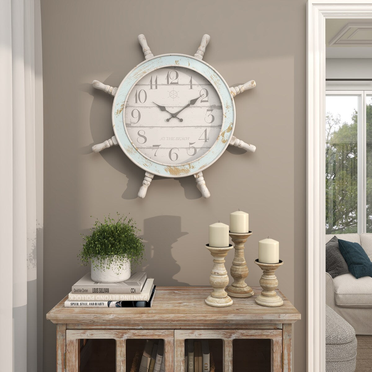 Wood Sail Boat Ship Wheel Decorative Wall Clock - Blue - Roche River Decor