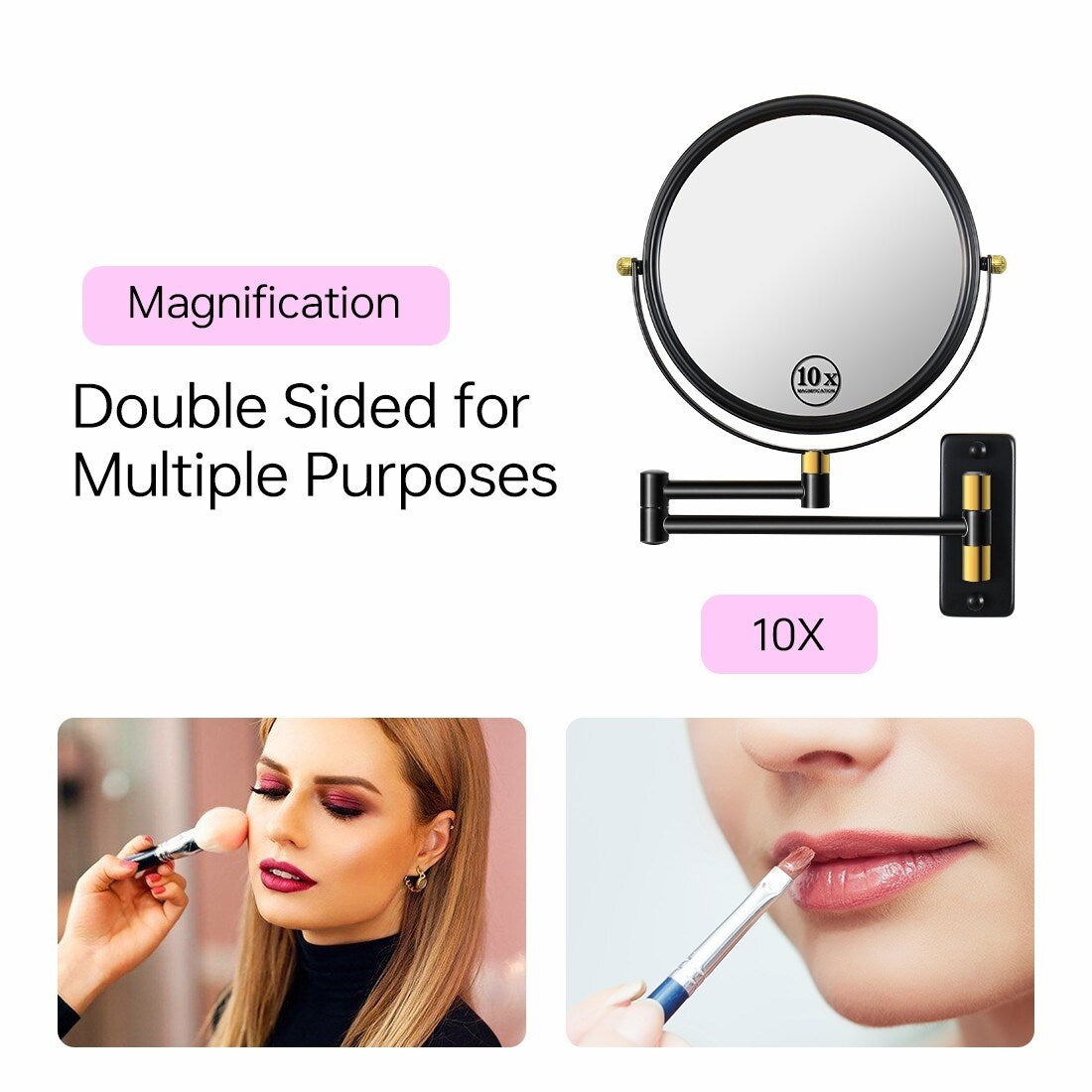 360° Swivel Wall Mounted Makeup Vanity Mirror with Extension Arm, 1X / 10X Magnification Mirror, 8-inch Makeup Mirror