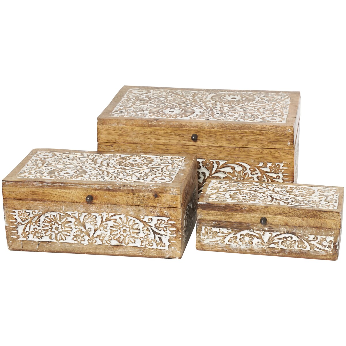 Mango Wood Floral Handmade Decorative Box with Hinged Lid - Set of 3 Brown or White - Roche River Decor